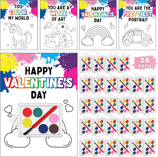 Valentines Day Gifts for Kids, 28 Pack Valentines Cards for Kids Classroom School with Mini Painting Set, Watercolor Paint Bulk for Classroom Gifts Exchange, Valentines for Kids Party Favors Boy Girl