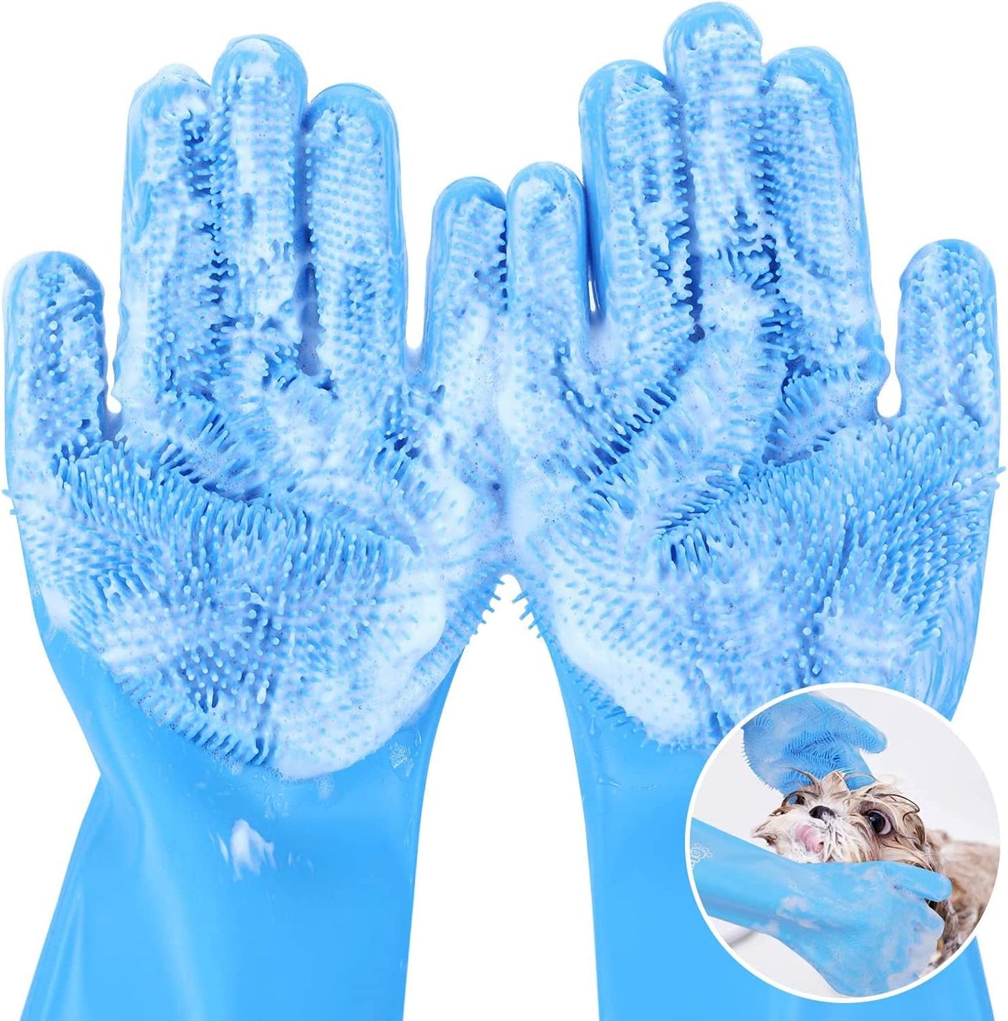 Pet Grooming Gloves - Heat Resistant Silicone Gloves with High-Density Teeth, Enhanced Five Finger Design for Bathing and Massaging Dogs and Cats, Blue