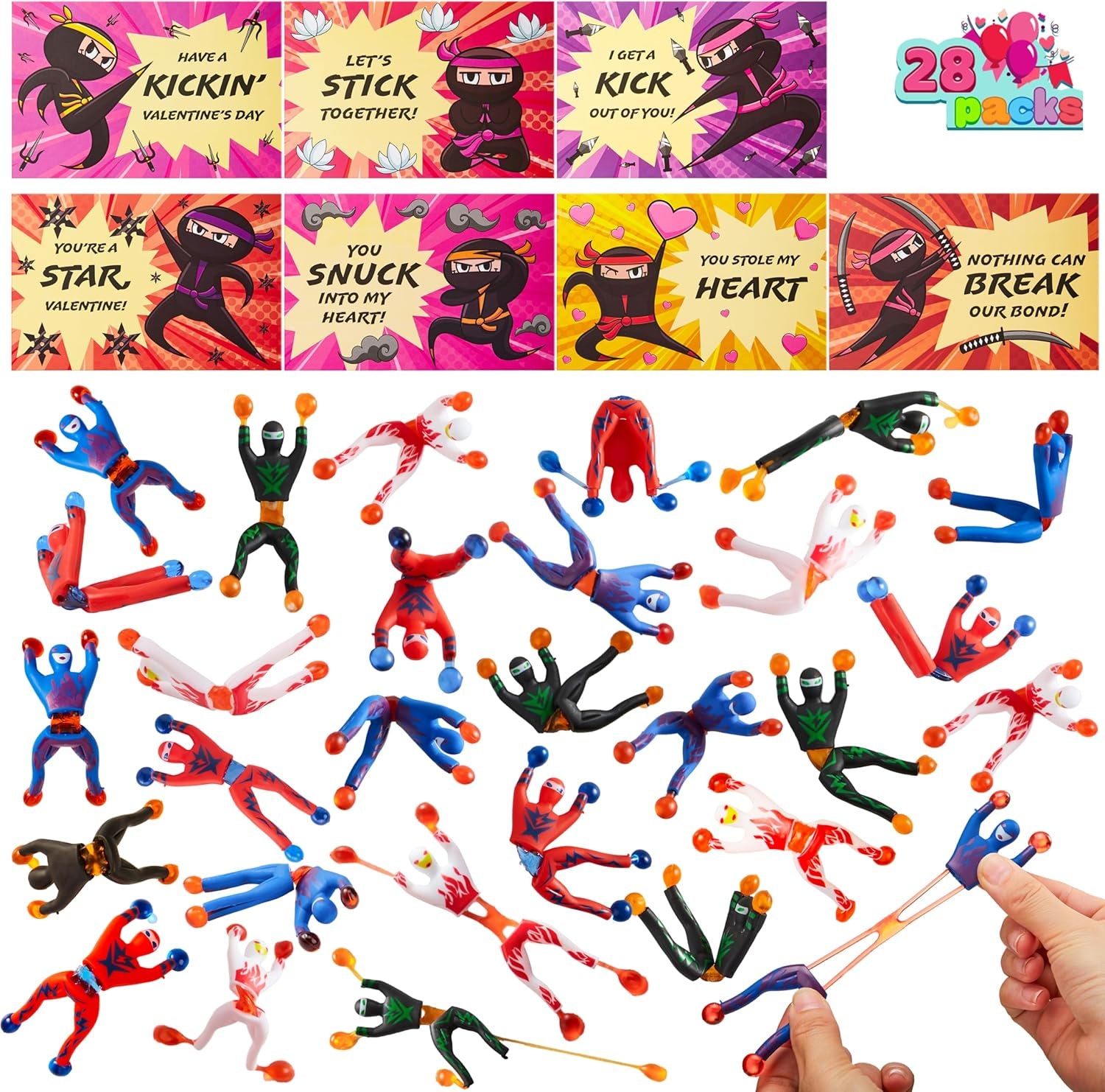 28 Packs Valentines Day Sticky Wall Climbing Men Ninja with Gifts Cards Set, Wall Climbers Stress Relief Toys for Kids Party Favor, Classroom Exchange Prizes, Valentine Greeting Cards