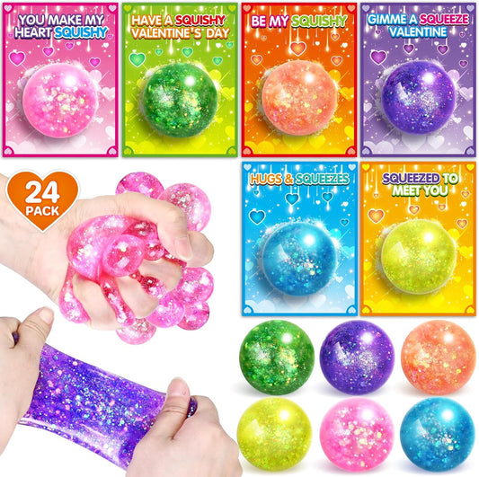 24 Pack Valentines Day Cards for Kids, Valentine'S Cards with Squeeze Balls, Stretchy Toy for Classroom School Valentine'S Gifts Exchange, Valentine'S Party Favor Prizes for Boys Girls