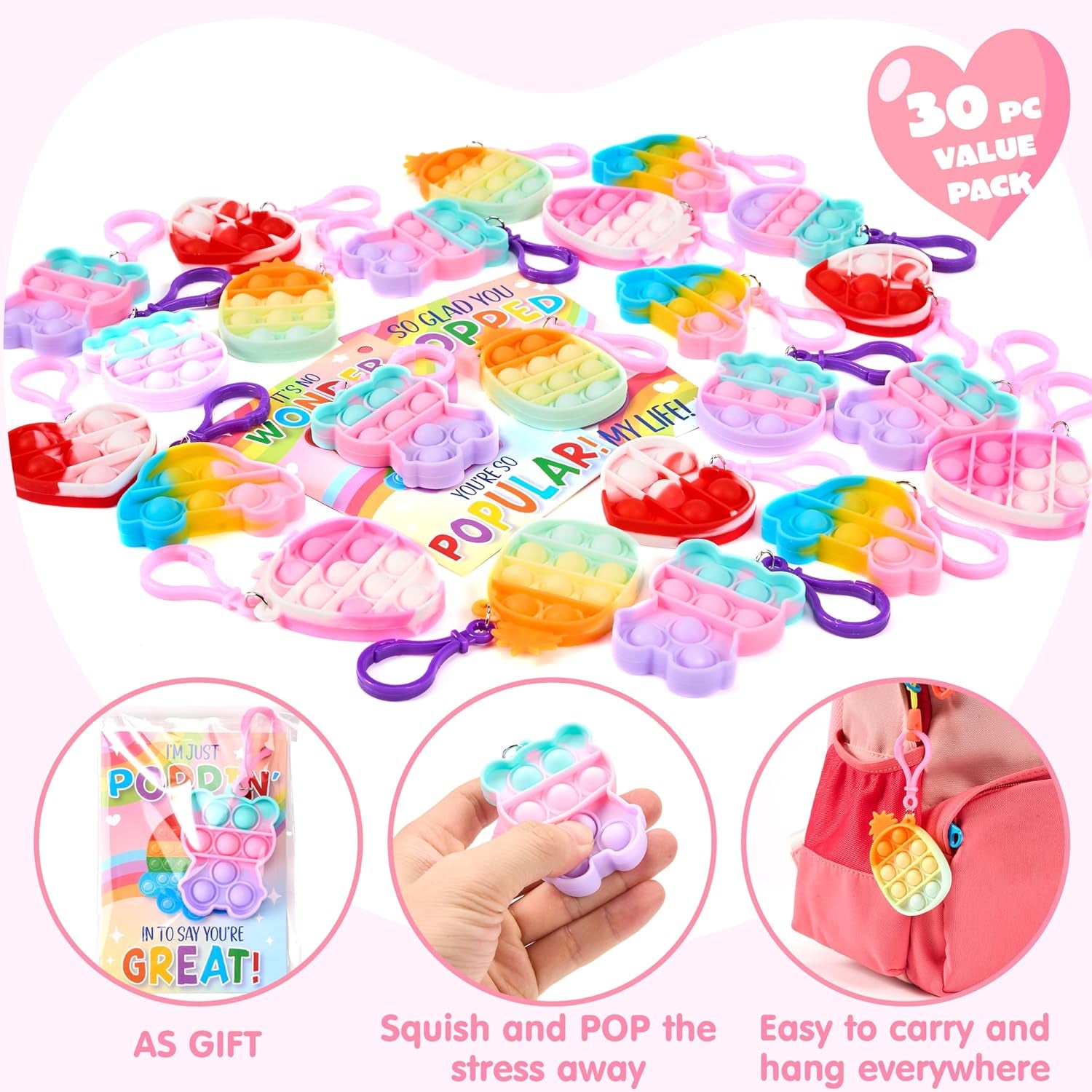 30 Packs Valentine’S Day 6-Design Gift Cards with Pop Bubble Keychains, Mini Colored Pop, Multi-Shape Stress Relief Fidget Toys for Kids Valentine'S Party Favors and Classroom Gift Exchange