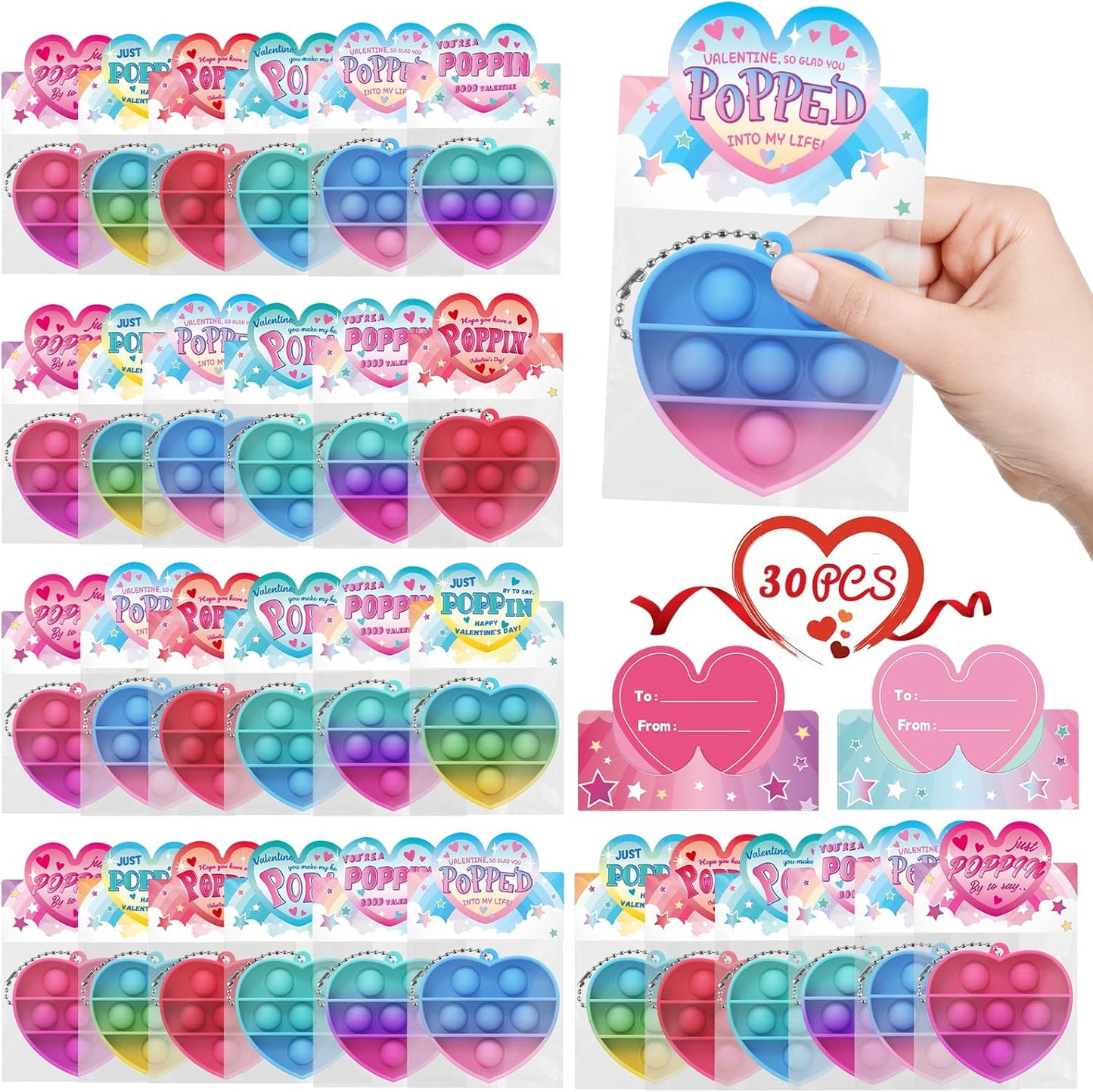 Valentines Day Gift Cards for Kids: 30 Packs Heart Pop Fidget Toys Bulk, Mini Pop Squeeze Toys Stress Relief Fidget Toys for Classroom School Party Favors Exchange Gifts Toddlers Girls Boys Ages 3+