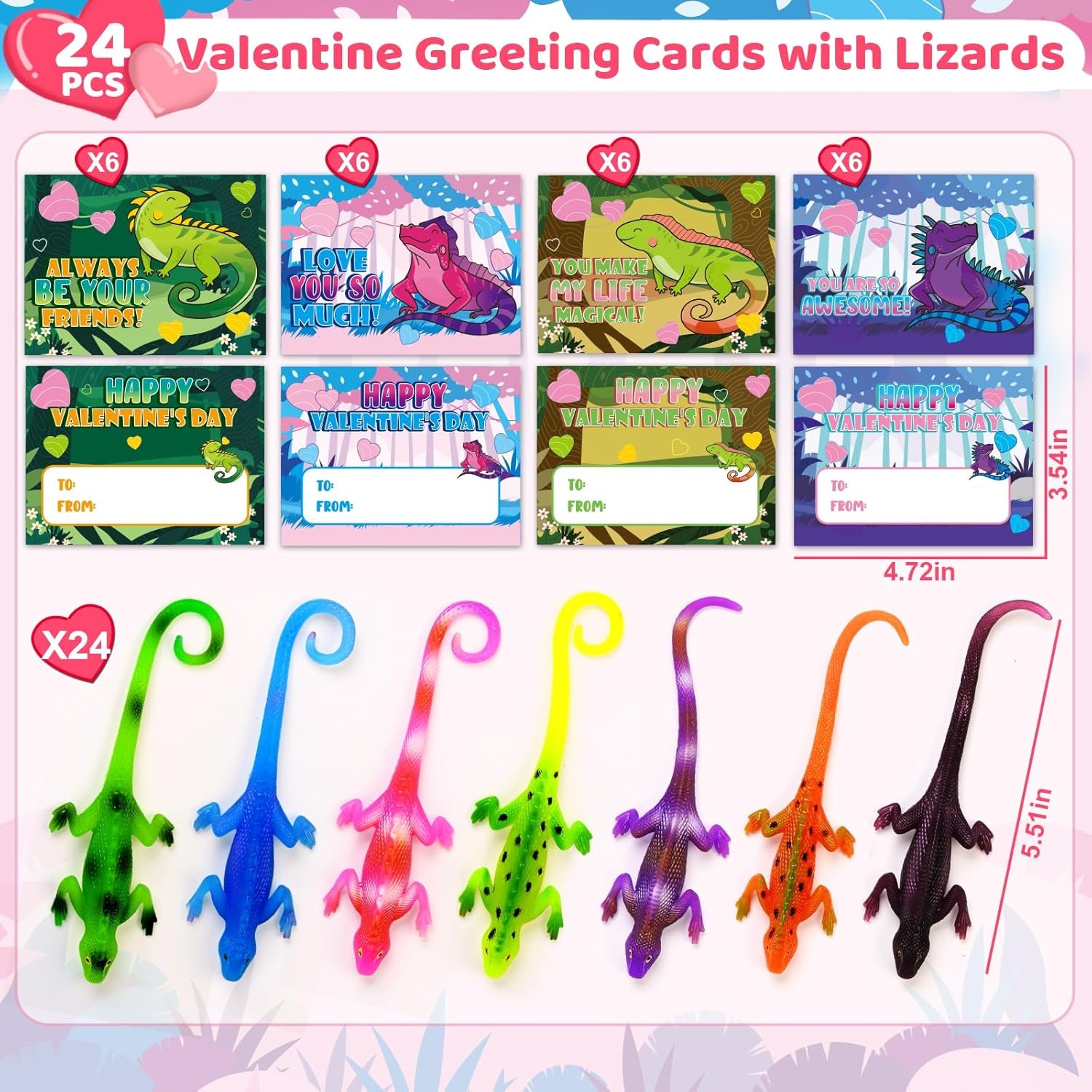 24PCS Valentines Day Cards for Kids School Classroom Exchange, Valentine'S Day Gift Cards with Change Color Lizard Toys, Valentines Greeting Cards Bulk for Kids School Classroom Exchange