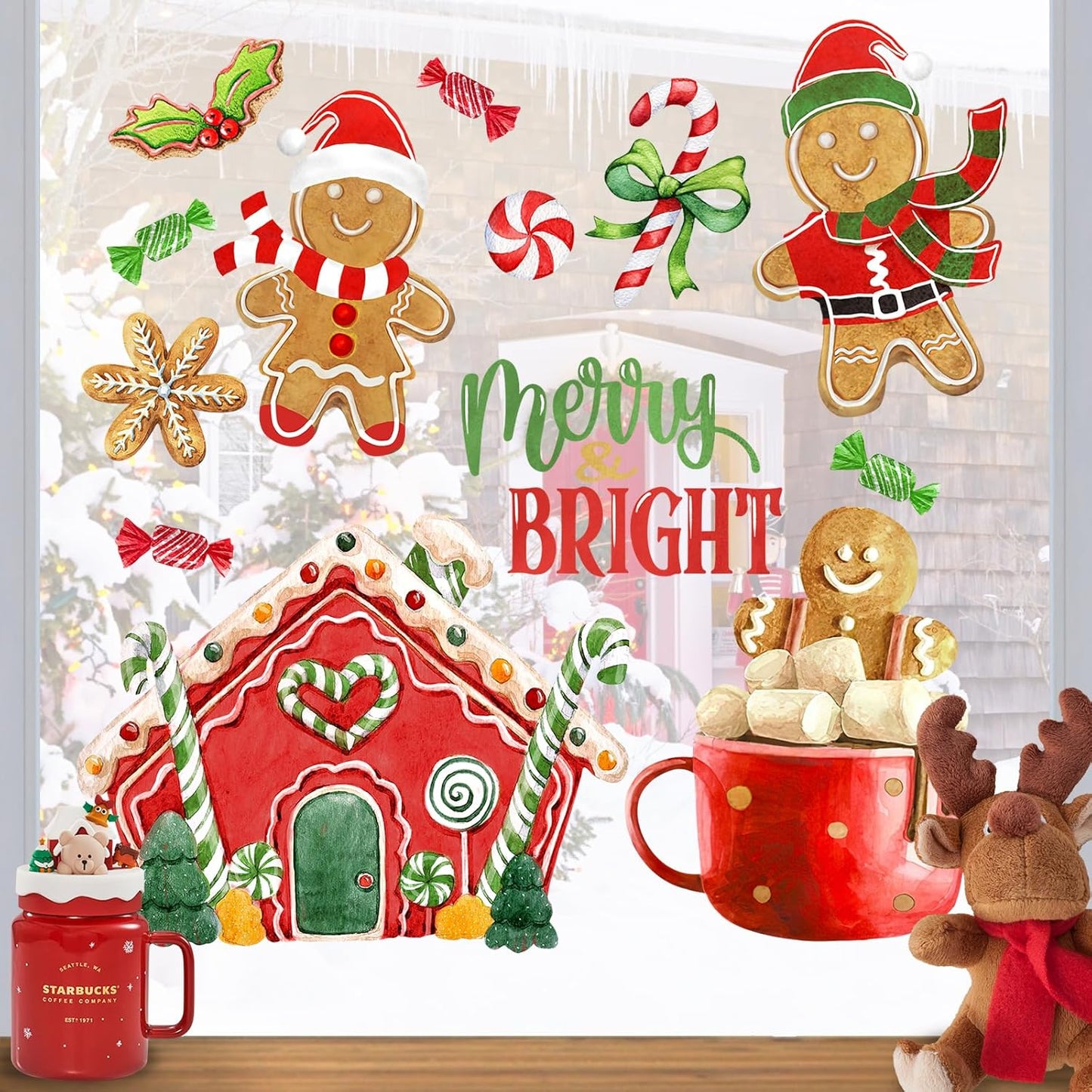 Merry Christmas Gingerbread Window Clings 4 Sheets, Xmas Ginger Bread Man Candy Donut Wall Glass Stickers Decal Holiday Decoration, Winter Gift Kids Room Home Kitchen Decor