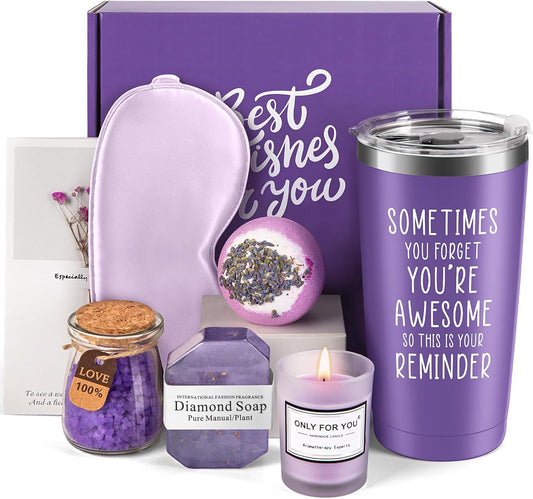 Birthday Gifts for Women Girls - Christmas Gifts for Mom Wife Sister Female Friends Girlfriend Nurse Mothers Day Presents for Her Lavender Relaxing Spa Basket Purple Gift Box Mug Tumbler Set