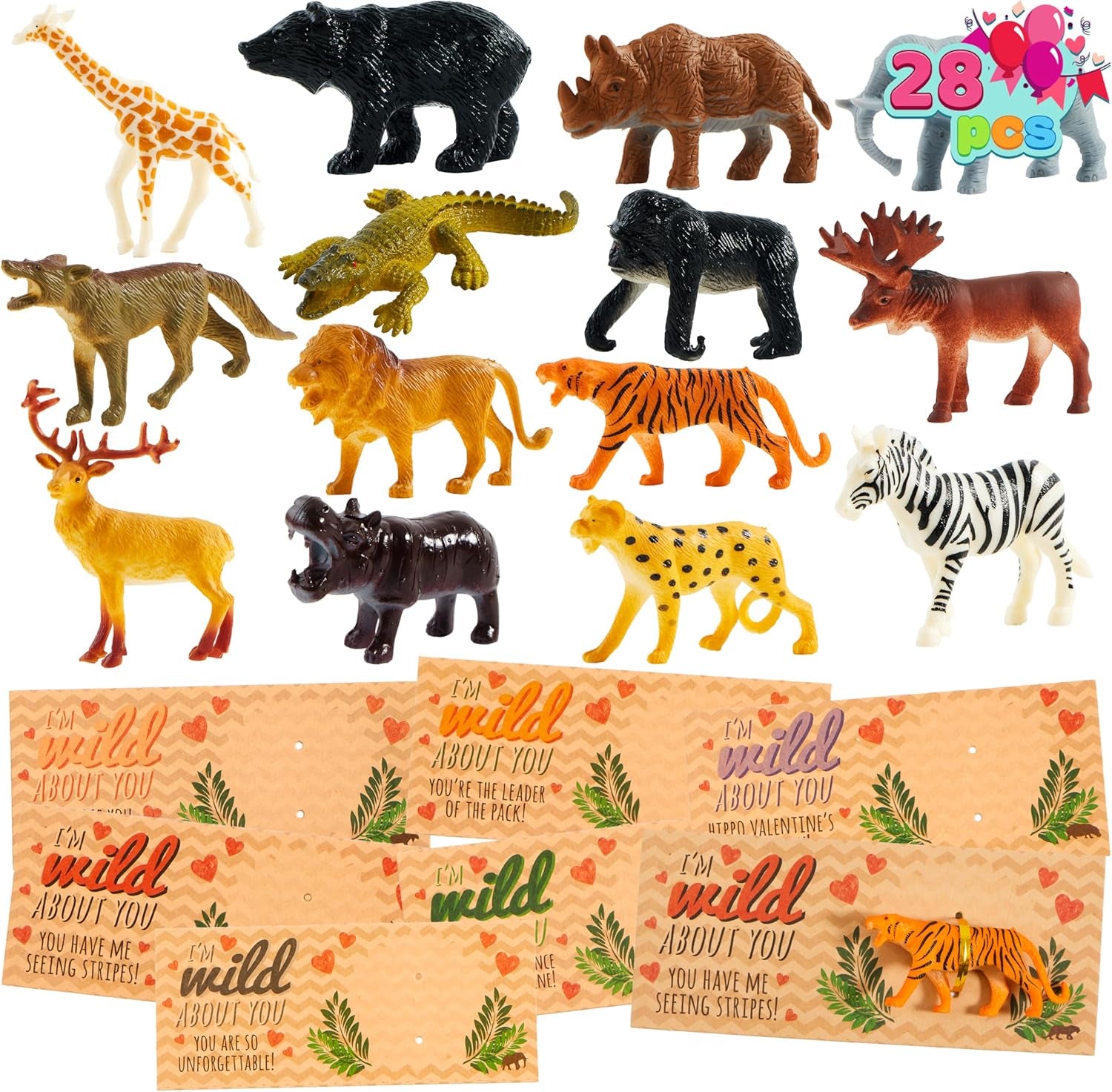 28Pack Valentines Day Gifts Cards with Zoo Animals Figures for Boys Girls, Valentine'S Greeting Cards for Classroom Exchange, Kids Party Favors School Game Prize Toys