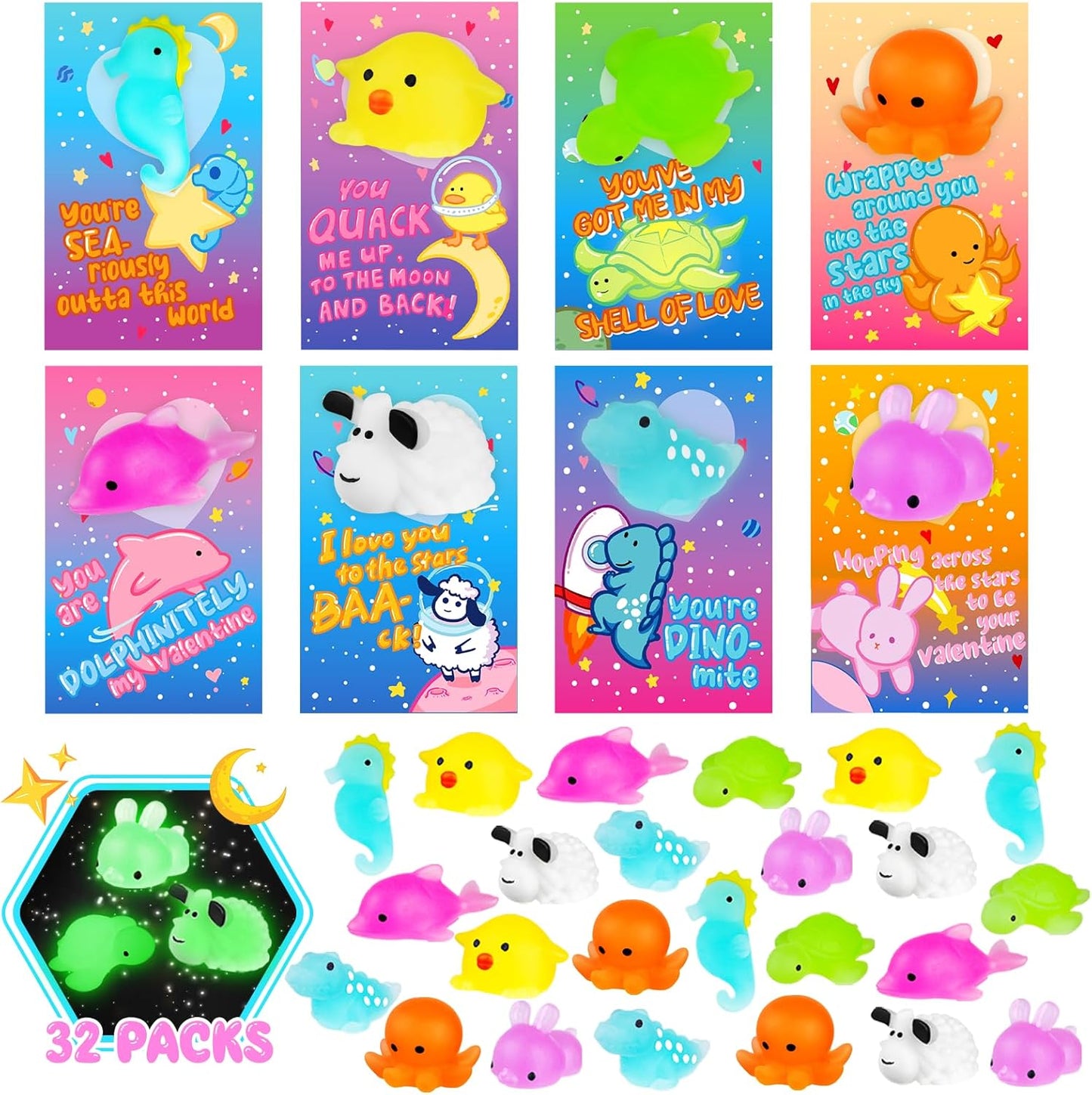 Valentines Day Gifts for Kids, 32 Pack Valentines Cards for Kids Classroom with Kawaii Squishy Toys Glow in the Dark, Valentine Exchange Gift for Boys Girls Toddlers School Class Game Prizes