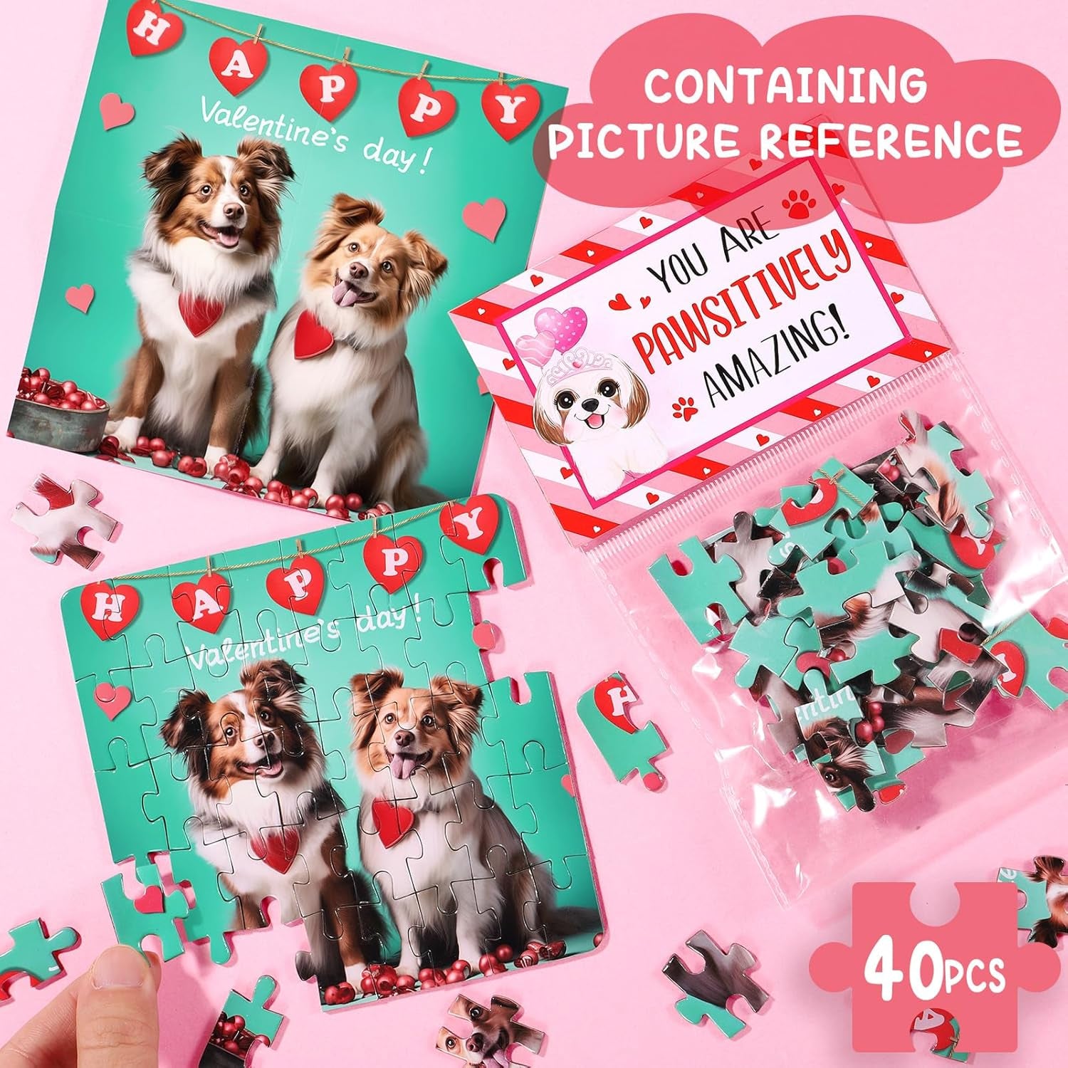 Valentines Day Gifts for Kids - 24 Packs Cat Dog Jigsaw Puzzles with Kids Valentines Day Cards for Classroom School Kids Boys Girls, Valentines Puzzle Gift Exchange Party Favors Class Prizes