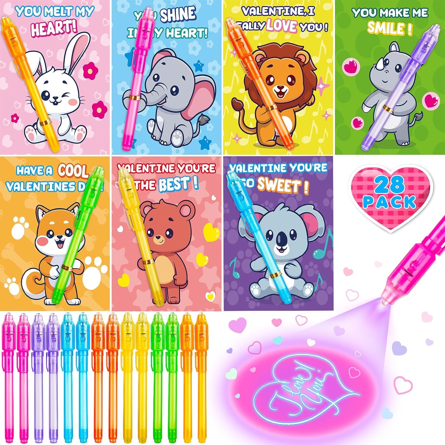 Valentine'S Day Gifts Cards for Kids，28 Pack Invisible Ink Pen with Greeting Cards for Kids Classroom Exchange Prizes, Magic Pen with UV Light for Secret Message, Valentine School Party Favors