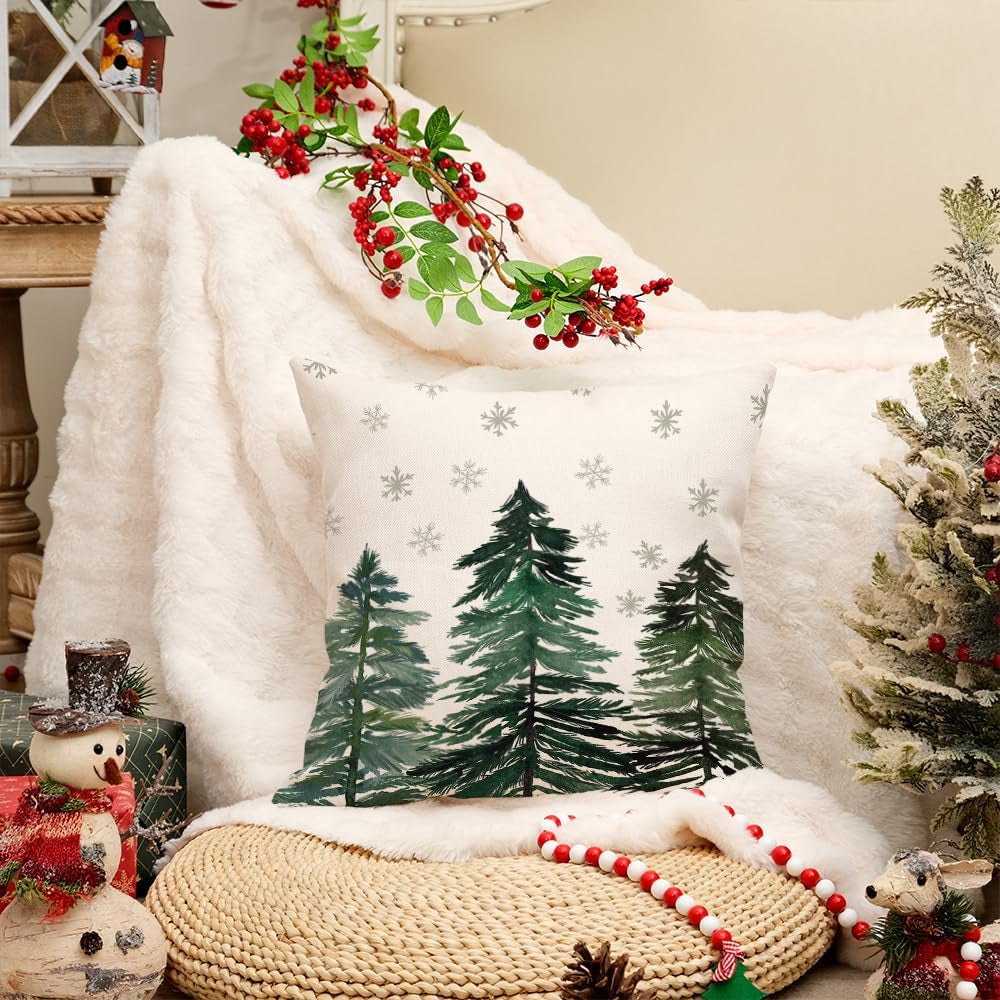 Christmas Pillow Cover 18X18 Inch Christmas Trees Snowflake Decorations Winter Pillow Case Decor for Home Sofa Couch（Green） AA038-18