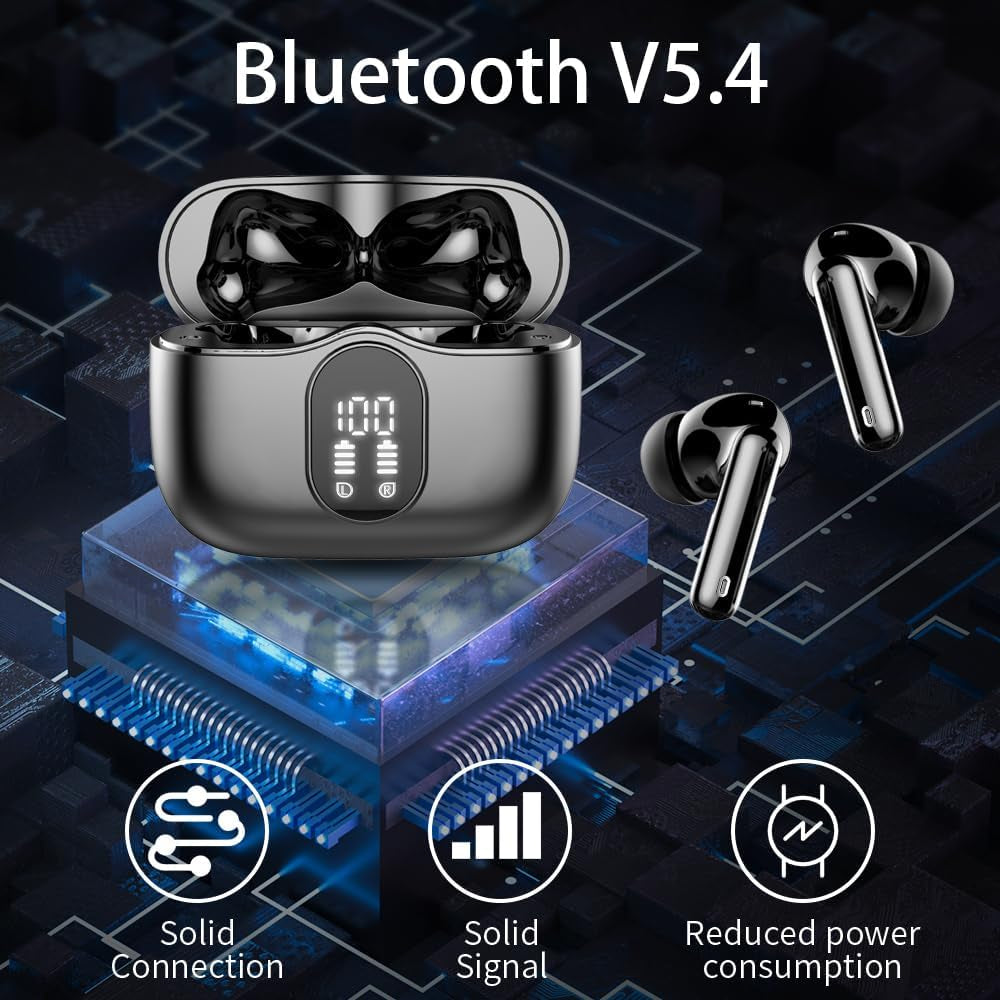 Wireless Earbuds, Bluetooth 5.4 Headphones Bass Stereo, Ear Buds with Noise Cancelling Mic LED Display, IP7 Waterproof in Ear Earphones, 36H Playtime for Laptop Pad Phones Sports Workout, Black