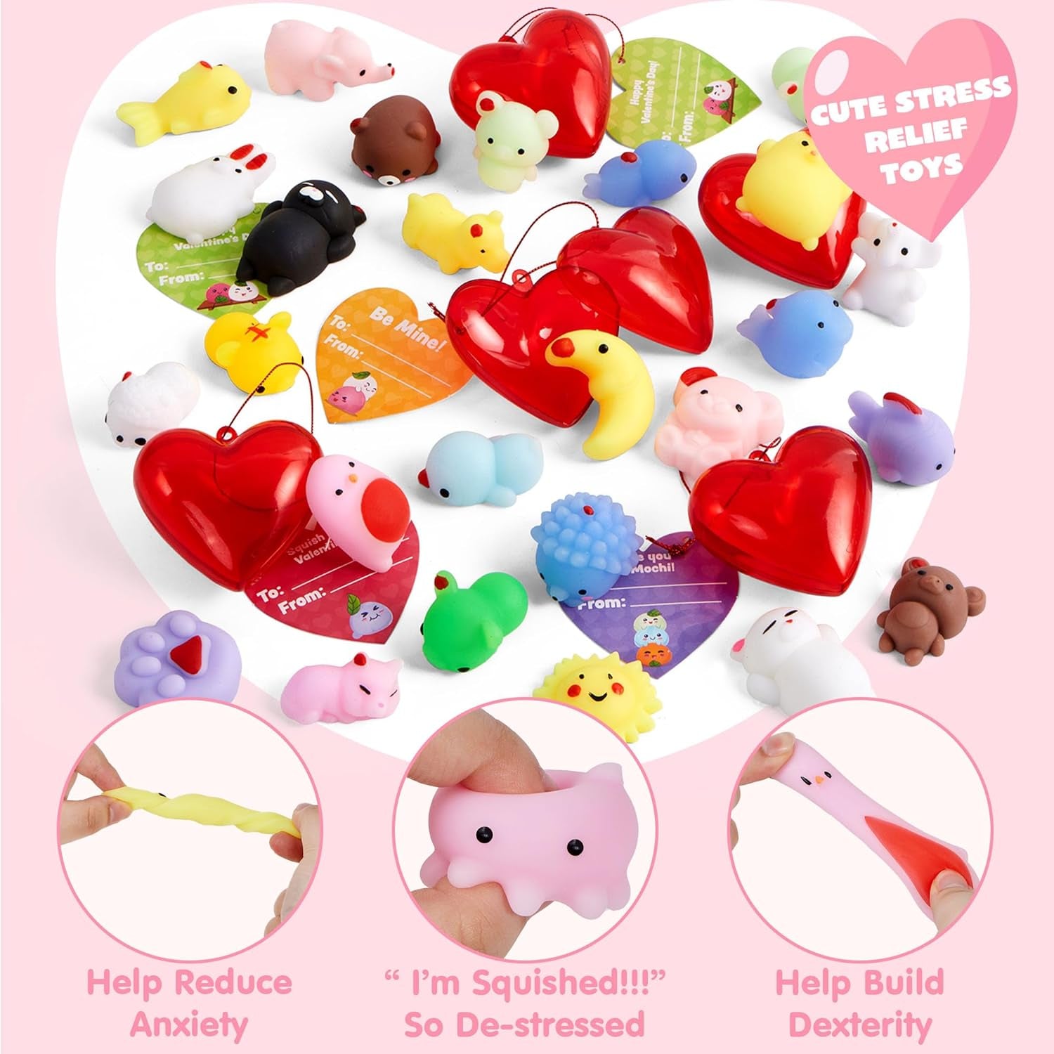 28 Packs Mochi Squishy Toys with Valentine Cards and Filled Hearts Party Favors for Kids Valentine Gifts Classroom Exchange, Kawaii Stress Relief Toys for Valentine Gift Exchange, Game Prizes