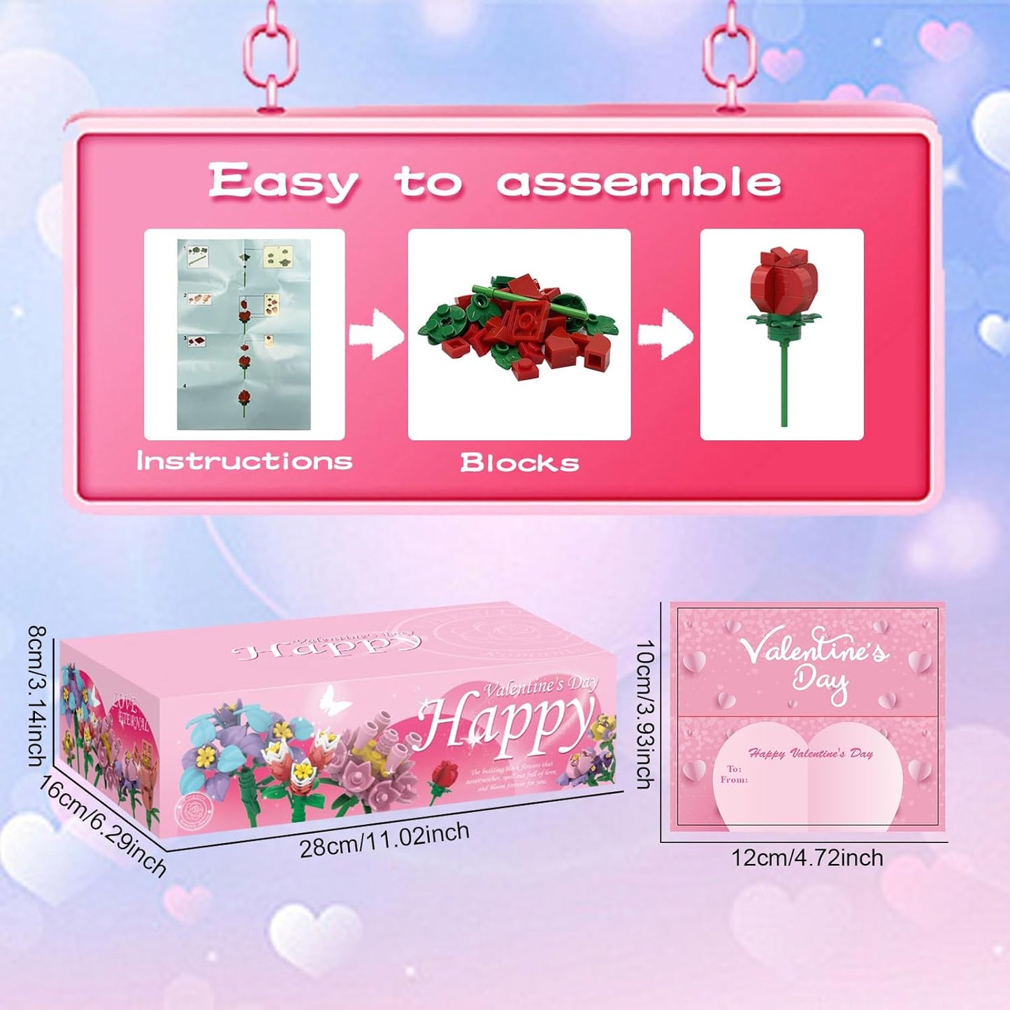 24 Pack Valentines Day Gifts for Kids Valentines Rose Flower Building Blocks Set with Card Classroom Exchange Prize Party Favor Blocks for Boys and Girls