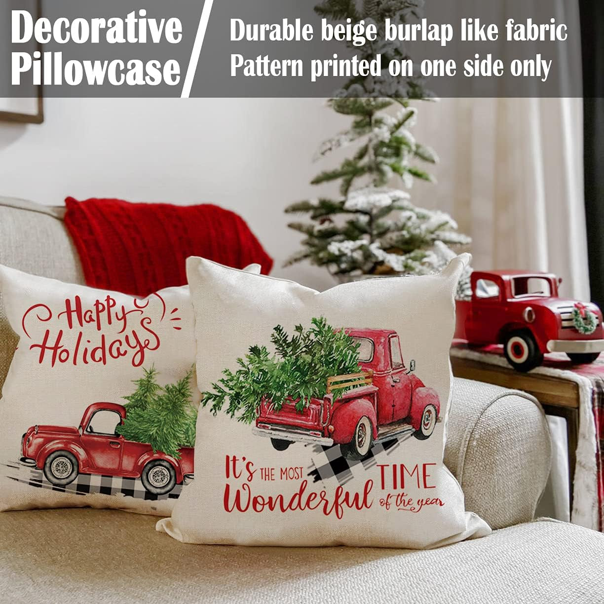 Red Truck Christmas Decor Outdoor Christmas Throw Pillow Covers 18X18 for Home Car Office, Set of 2