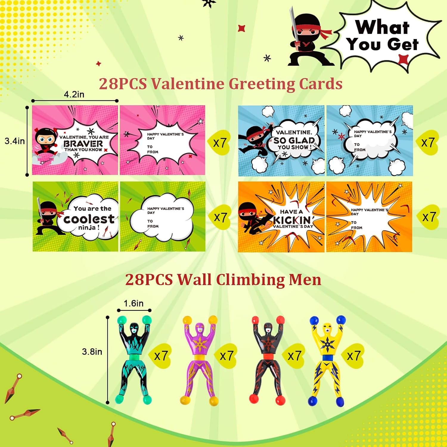 28 Packs Valentines Day Gifts Cards for Kids with Sticky Wall Climbing Men Ninja Set,Stress Relief Tricky Toys Wall Climbers for Kids Party Favor, Classroom Exchange Prizes, Valentine Greeting Cards