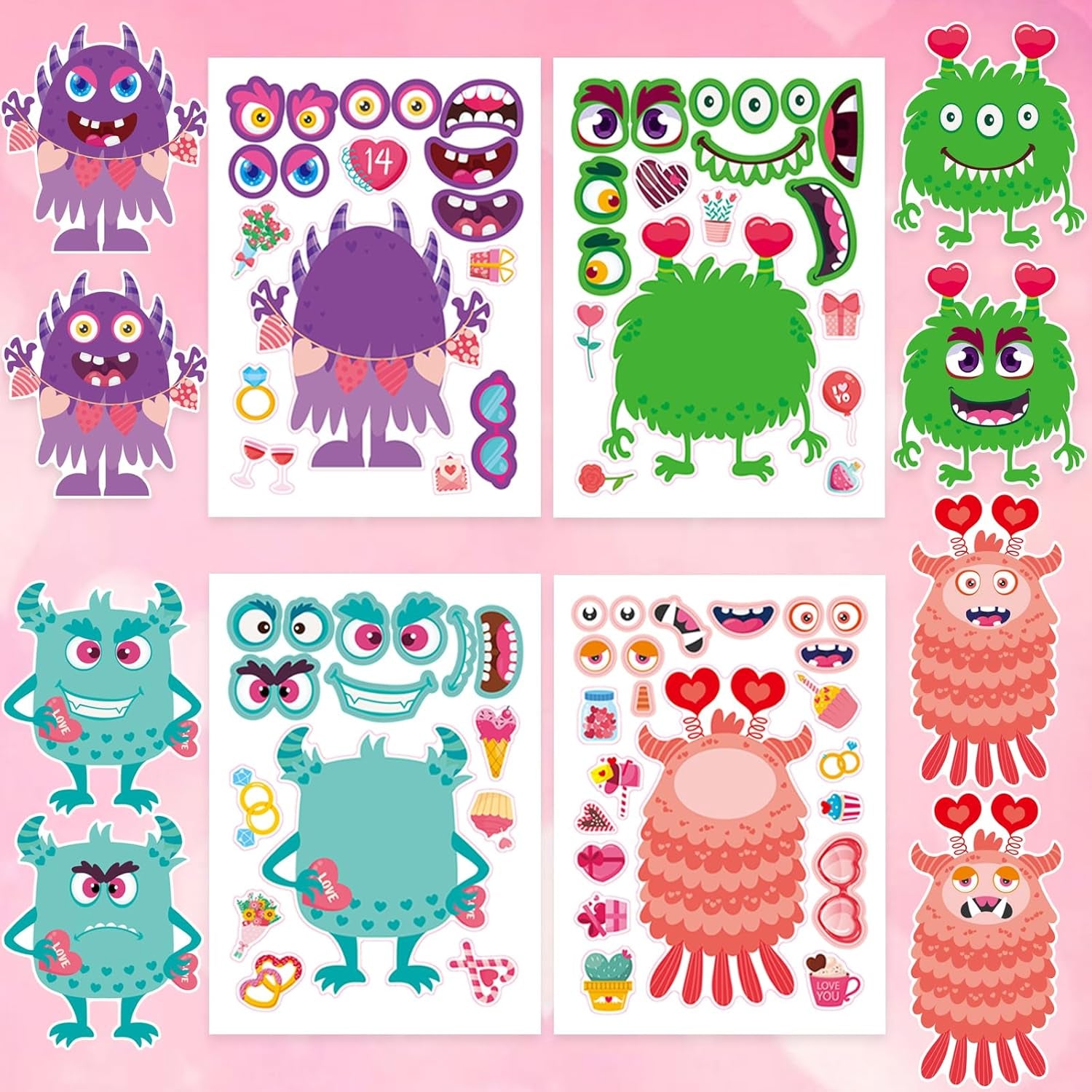 32 Sheets Valentine’S Monster Make-A-Face Stickers | Valentine’S Day Gifts for Kids DIY Crafts & Classroom Party Supplies | Fun Valentine Exchange, Activities, and Goodie Bag Stuffers