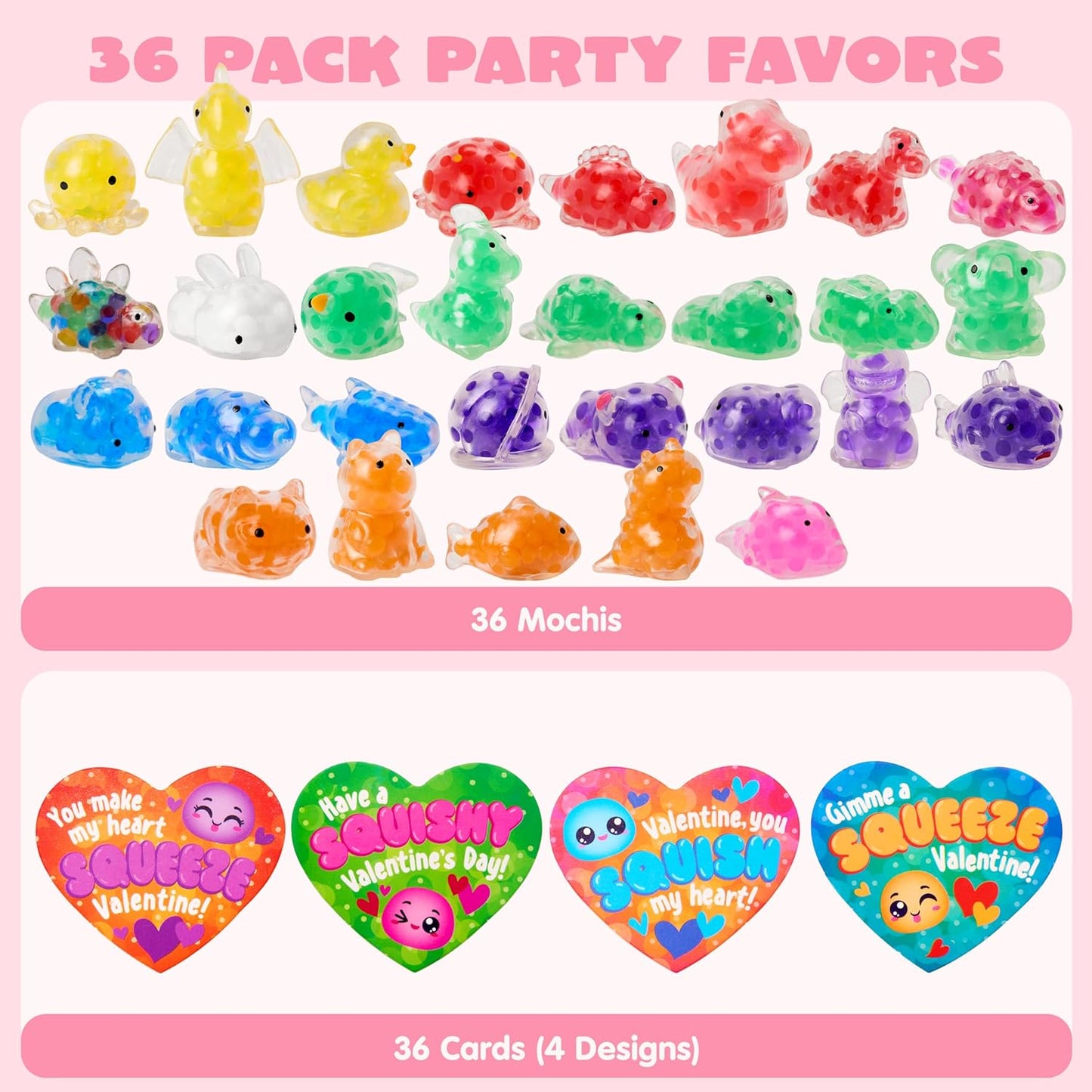 36 Packs Valentine’S Day Heart Gift Cards with Jelly Mochi, Mini Critter Squeeze Balls, Stress Relief Fidget for Valentine‘S Party Favors and Exchange