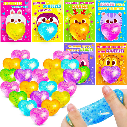 24Pack Valentines Day Gifts for Kids Classroom Heart Stress Balls with Valentines Day Cards for Kids School Class Exchange Fidget Sensory Mochi Squishy Toys Valentine Party Favors for Toddler Boy Girl