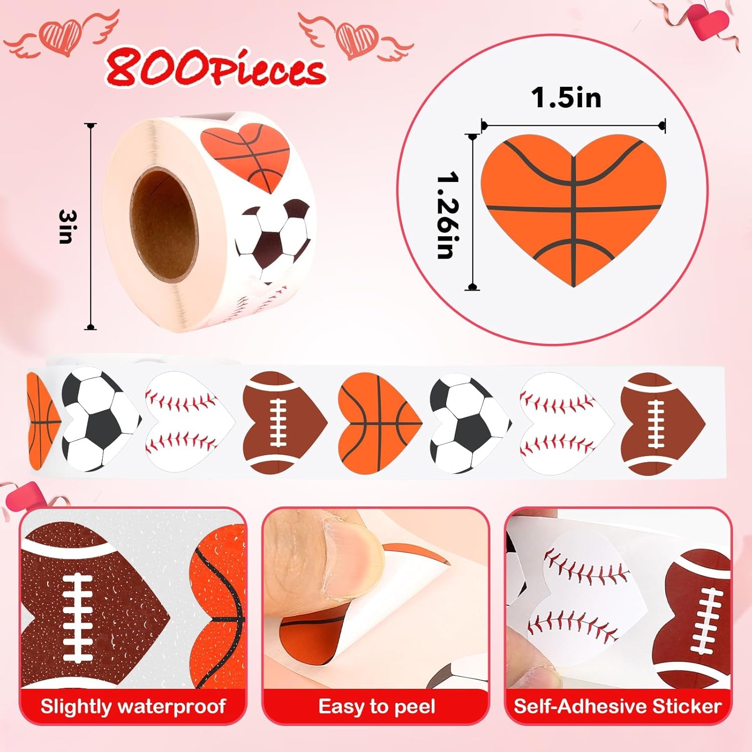 Valentines Day Gifts for Kids, 800Pcs Valentines Heart Stickers for Kids Valentines Cards with Sport Heart Shape Stickers for Boys Girls Teens, 100Th Day of Shirt Project