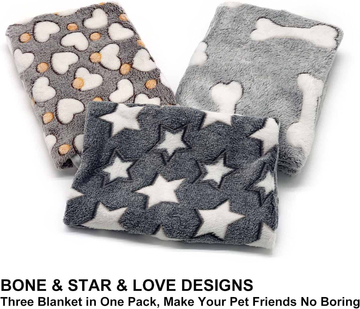 1 Pack 3 Puppy Blankets Super Soft Warm Sleep Mat Grey Cute Print Fluffy Fleece Pet Flannel Throw Dog Blankets for Small Dogs Cats,Star&Bone&Love- Small (23"X15")