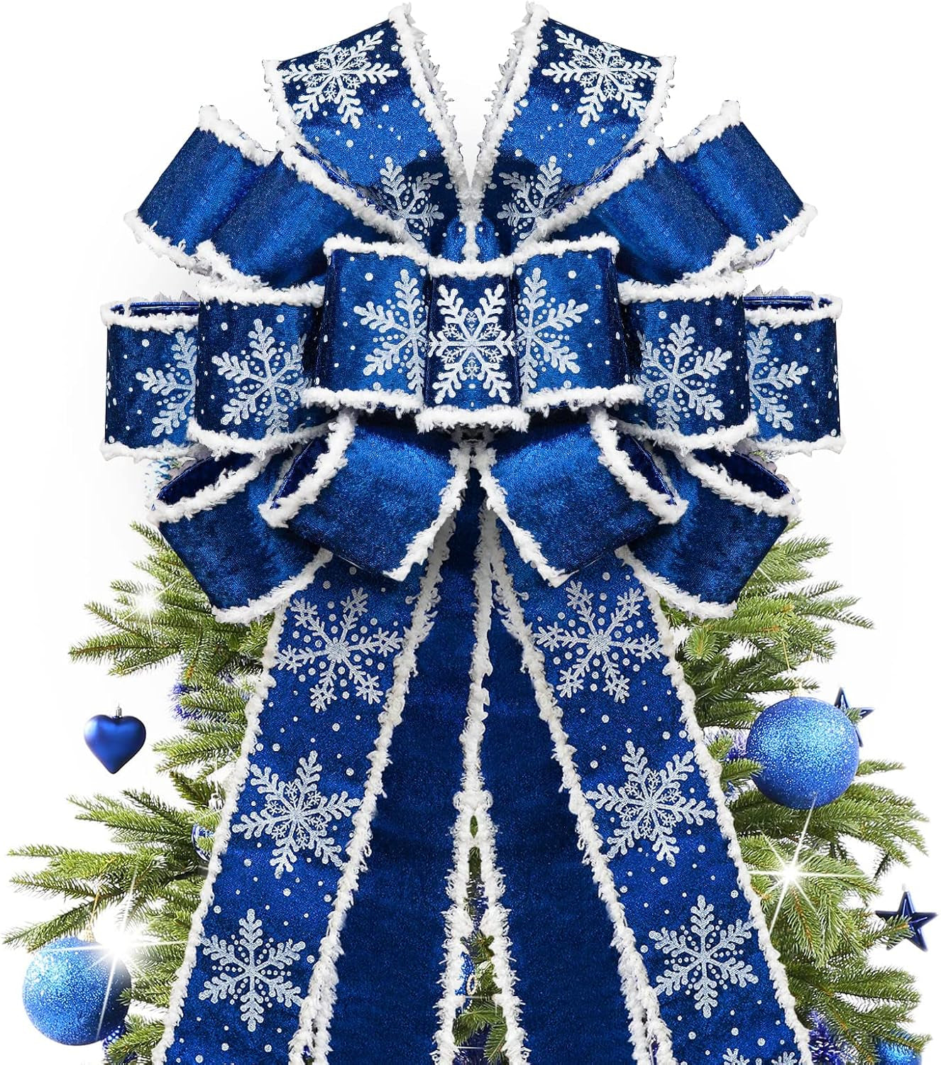 Christmas Tree Topper Bow,48''X 13'' Large Velvet Christmas Wreath Bows Xmas Ornaments with Long Wired Edge Ribbon for Farmhouse Thanksgiving,Birthday,Living Room Christmas Decoration(Blue)