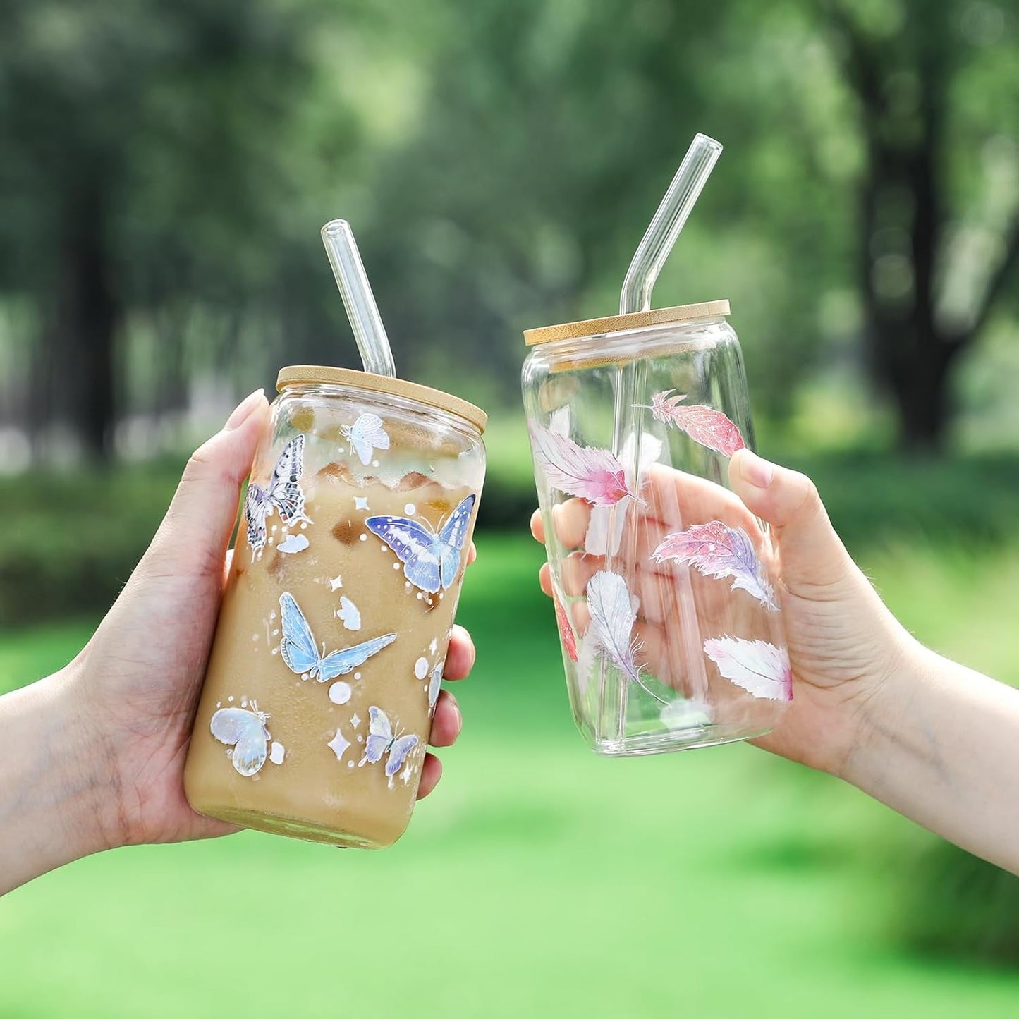 2 Pack Glass Cups with Bamboo Lids and Straws 16 Oz, Gifts for Women, Drinking Glasses Set, Iced Coffee Cup, Tea Cup, Cute Aesthetics Tumbler Cup, Mothers Day, Birthday Gifts for Her Mom