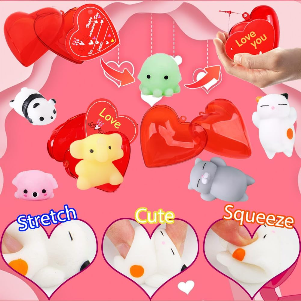 Valentines Party Favors Set, 28 Pcs Mochi Squishies Toys Filled Hearts and Valentines Day Cards for Kids Valentine'S Day Exchange Gift, Kawaii Stress Relief Anxiety Toys for Valentine Basket Stuffers