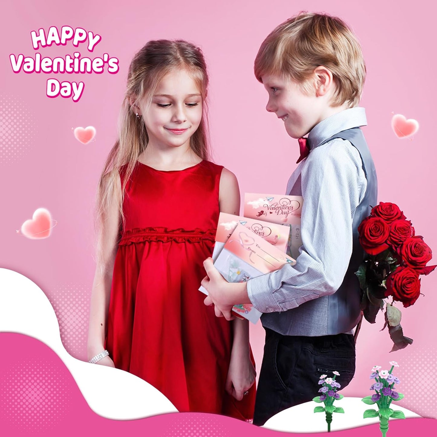 Valentines Day Gifts for Kids Classroom/School,24Pcs Building Blocks Flower Kits and Valentines Cards,Toys for 3+ Years Old Girls & Boys