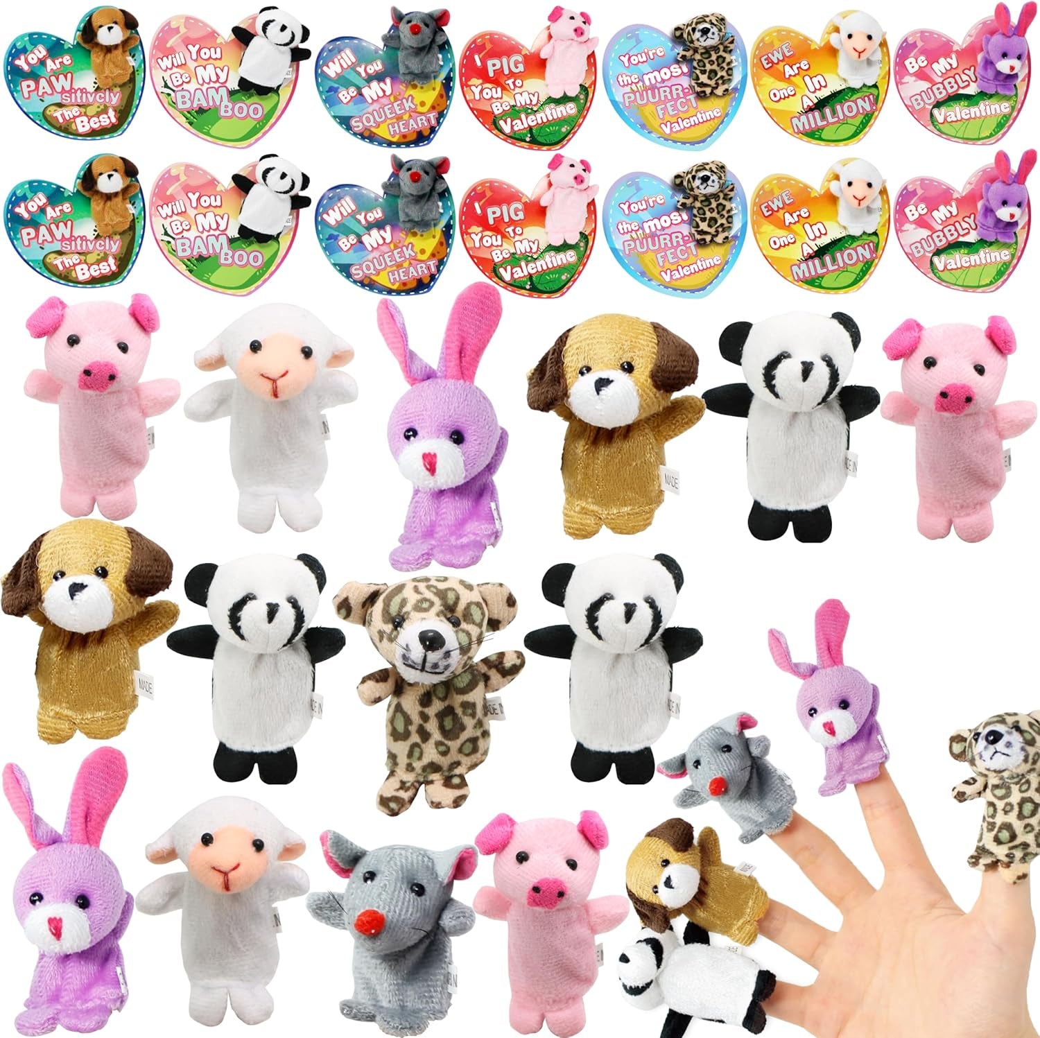 28 Packs Valentines Day Animal Finger Puppet with Gift Cards Set for Kids, Party Favor, Classroom Exchange Prizes, Valentine’S Greeting Cards, Stressrelief Hand Puppets, Holiday Reward Prizes