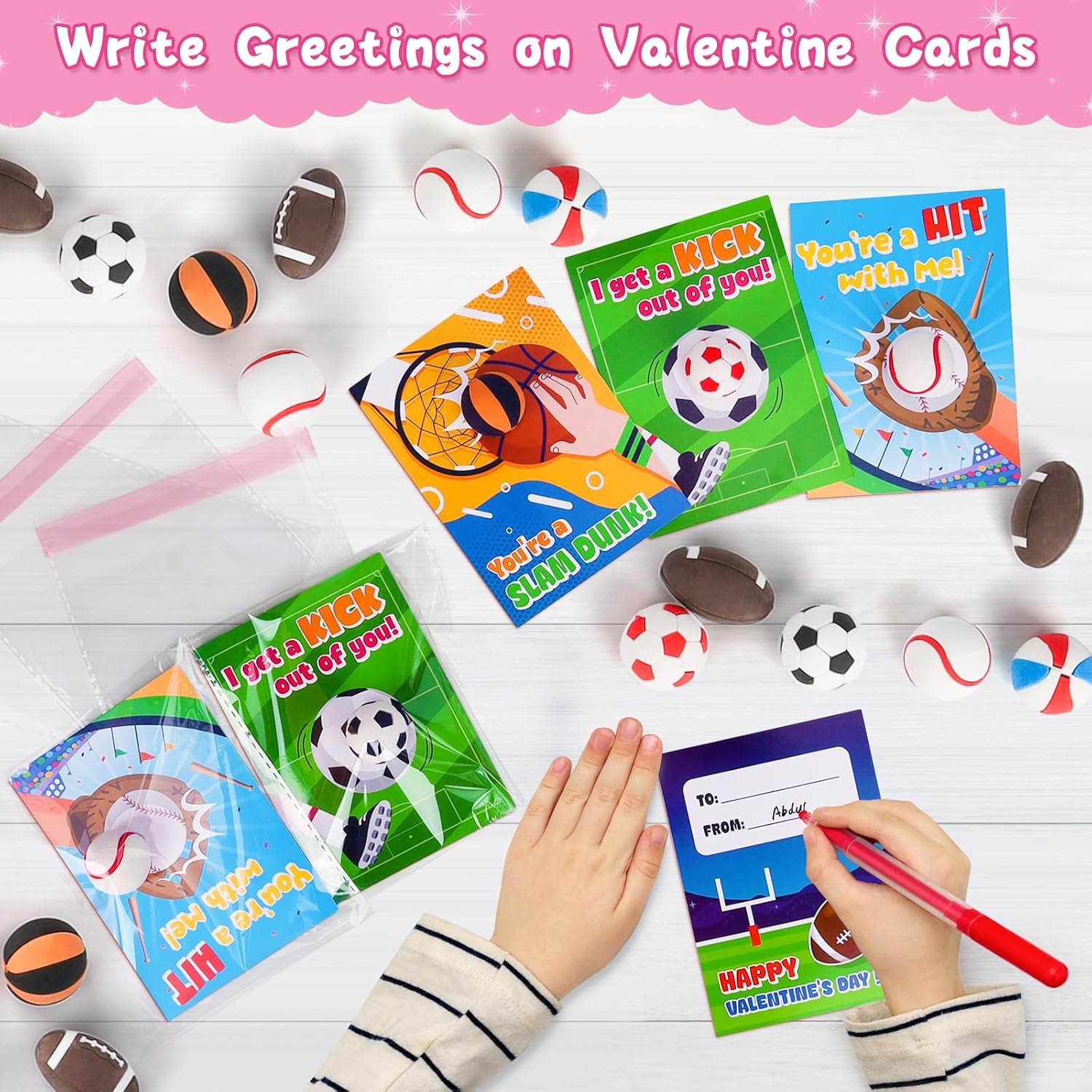 28Pack Valentines Day Cards for Kids School with Mini Sports Ball Erasers Valentines Day Gifts for Kids Classroom Exchange Boys Valentines Toys Party Favor Bulk Class Prizes Goodie Bags Stuffers