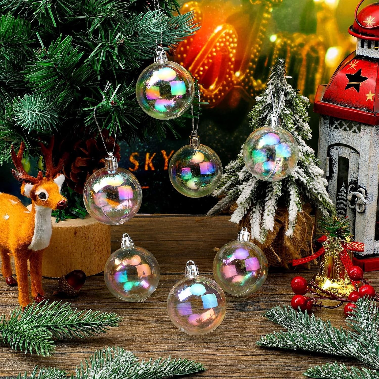 Christmas Iridescent Ornaments Plastic Clear Bubble Hanging Ornament Balls Bulk Wedding Decorative Rainbow Hanging Ornaments Craft for Halloween Cauldron DIY Witch Magic Pot(36 Pcs,1.18 Inch)