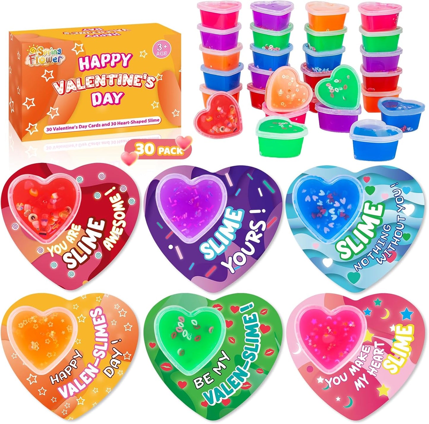 Valentines Day Cards for Kids- 30 Set of Heart Shape Slime Toys and Cards Bulk for Valentine Exchange Gifts, Valentines Party Favors for Kids, School Classroom Valentine'S Prizes