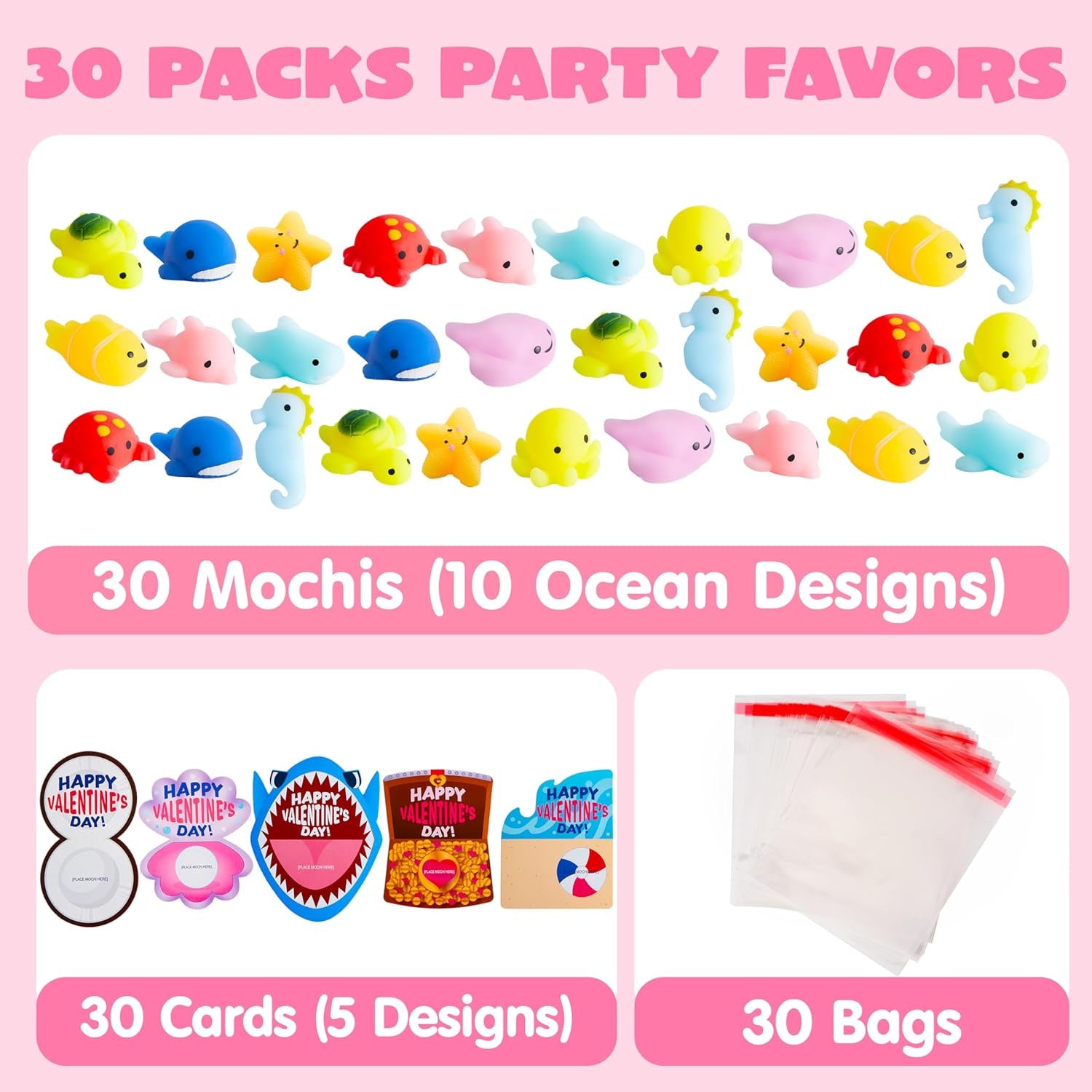 30 Packs Valentine Day Gift Cards with Mochi Squishy Toys, Stress Relief Fidget Toys, Kawaii Mochi Squeezes for Kids Holiday Party Favor, Gift Goodie Bag Filler, Classroom Exchange Prizes