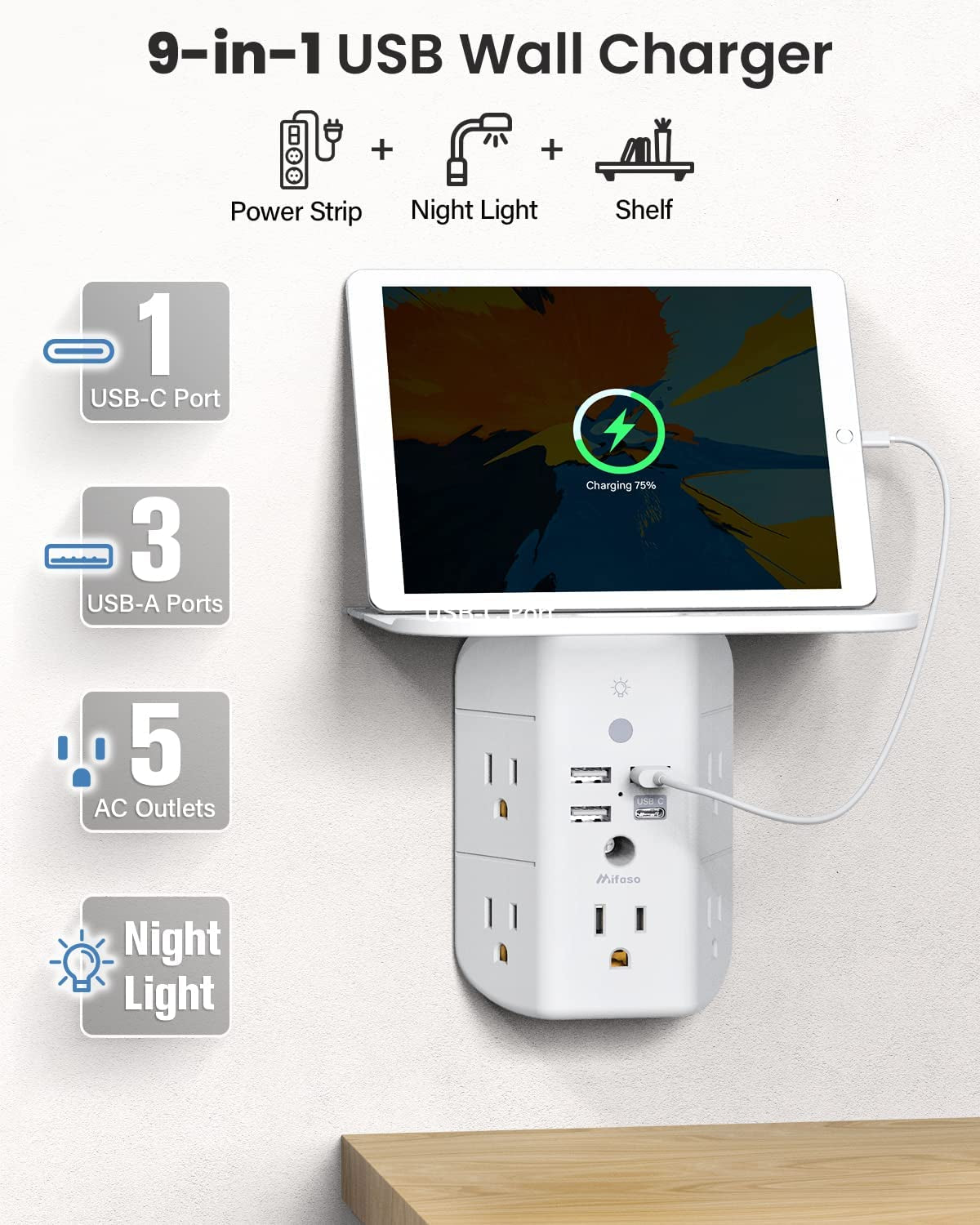 Wall Outlet Extender with Shelf and Night Light,Surge Protector,Usb Wall Charger with 5 AC Outlets and 3 USB Ports 1 USB C Outlet Wide Space 3-Sided Power Strip Multi Plug Outlets…