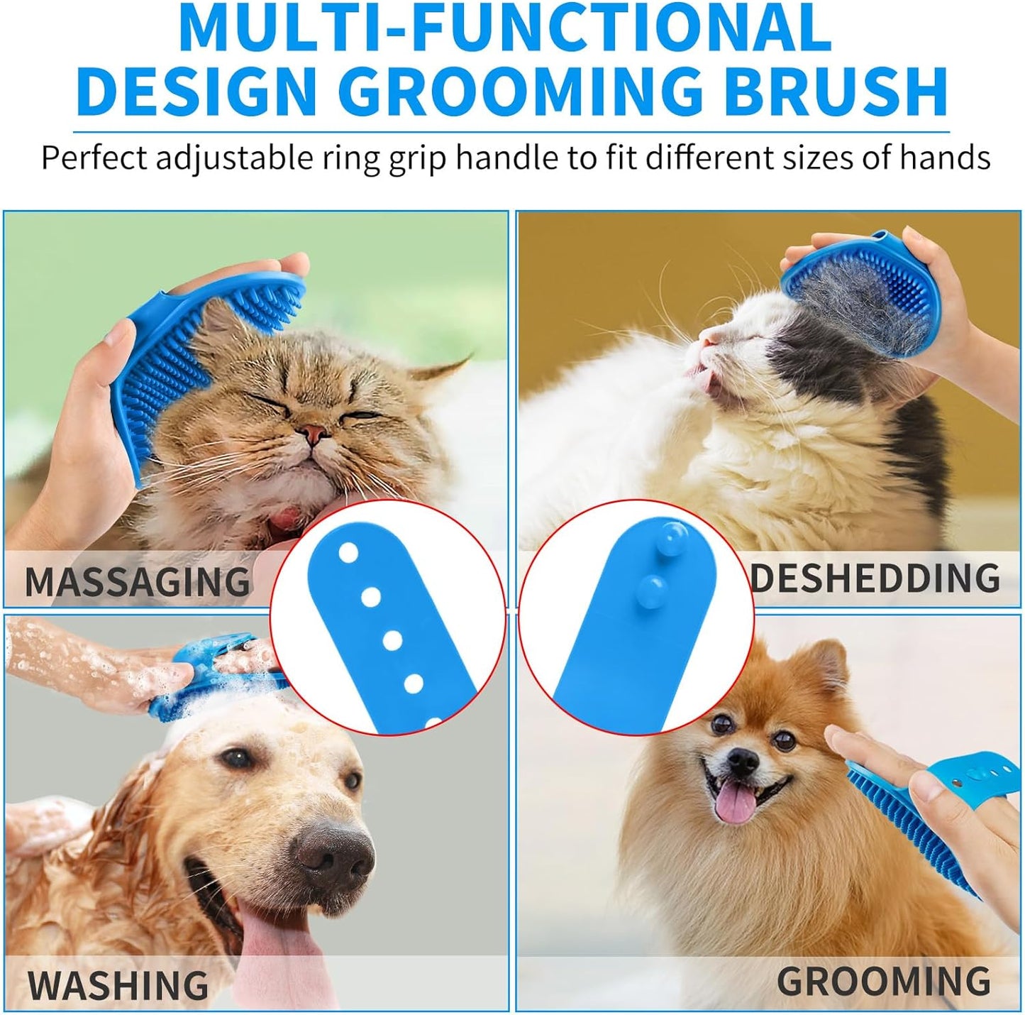 3PCS Dog Bath Brush | Dog Shampoo Brush | Dog Scrubber for Bath | Dog Bath Brush Scrubber | Dog Shower/Washing Brush with Adjustable Ring Handle for Short & Long Hair (Blue Blue Blue)