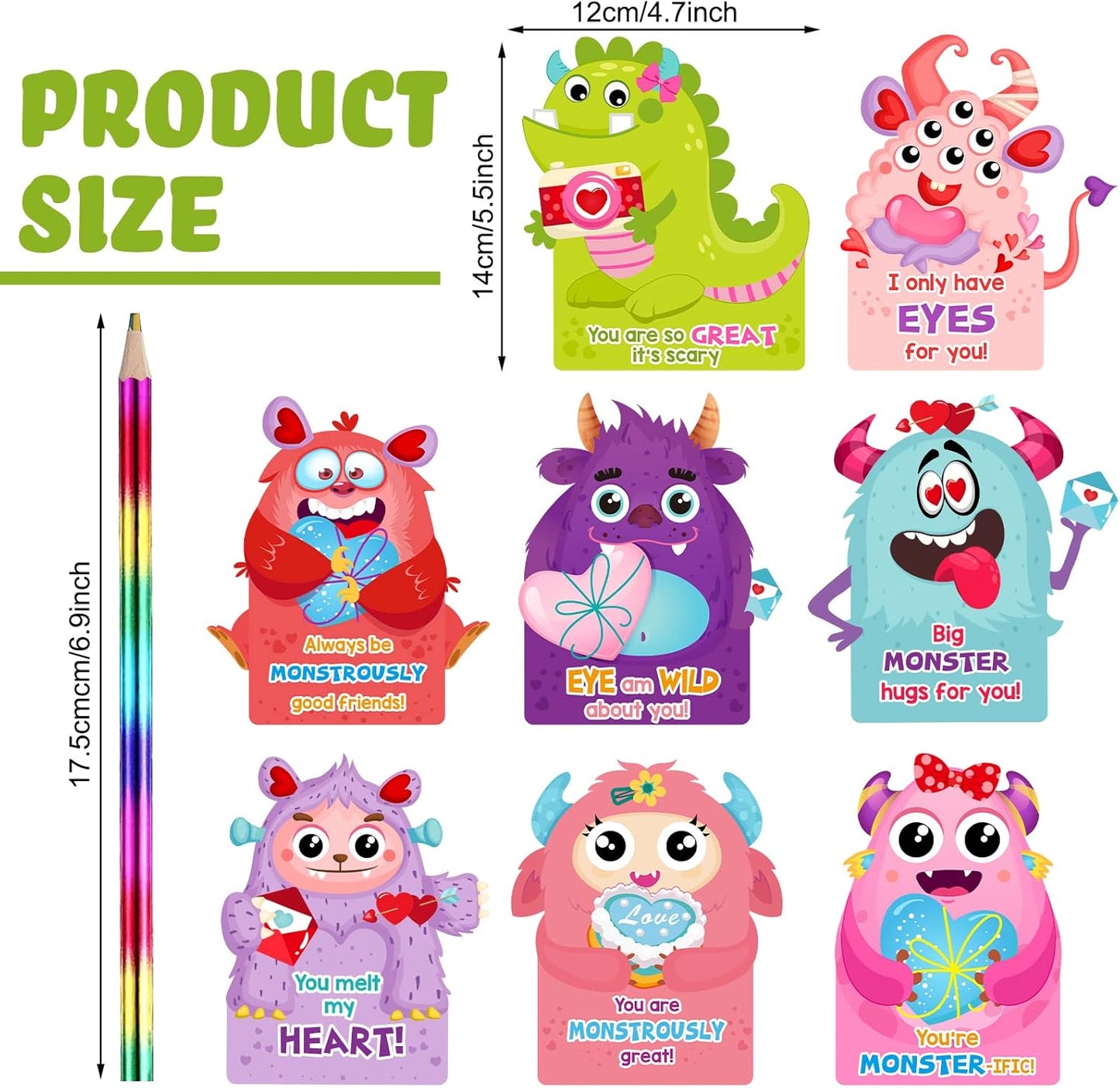 24 Pack Valentines Cards with Rainbow Pencil Valentines Day Cards Pencils Valentine Cards Party Favor for Girls Boys School Classroom Exchange Gifts Prizes Supplies(Monster)