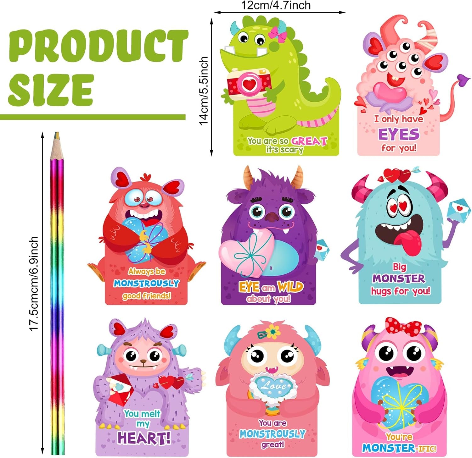 24 Pack Valentines Cards with Rainbow Pencil Valentines Day Cards Pencils Valentine Cards Party Favor for Girls Boys School Classroom Exchange Gifts Prizes Supplies(Monster)