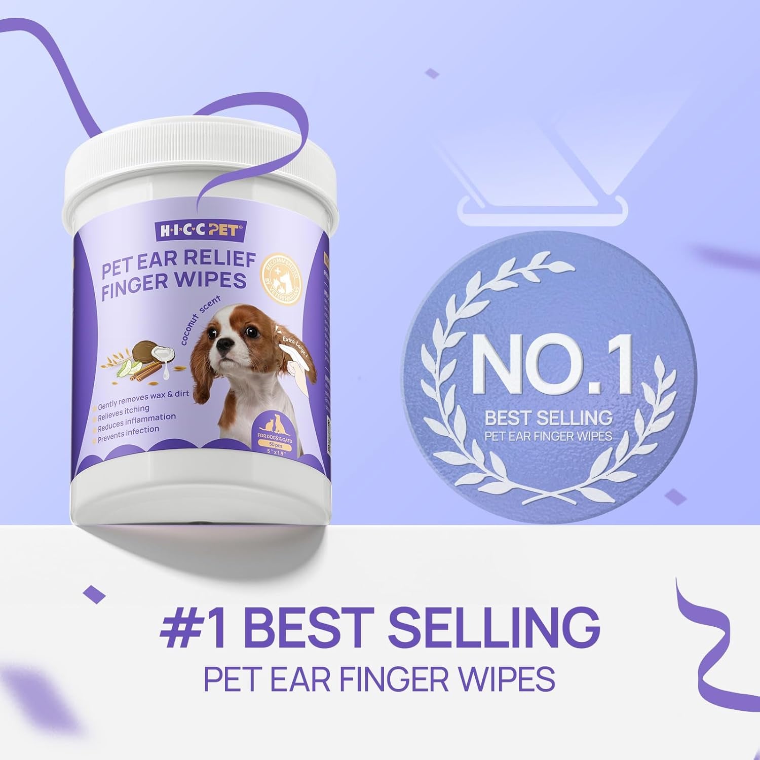 Dog Ear Wipes Finger 50 Count Dog Ear Cleaner Wipes for Dogs & Cats, Dog Ear Infection Treatment to Relieve Ear Itching & Inflammation, Remove Ear Wax, Dirt, Smelly - Fresh Coconut Scent