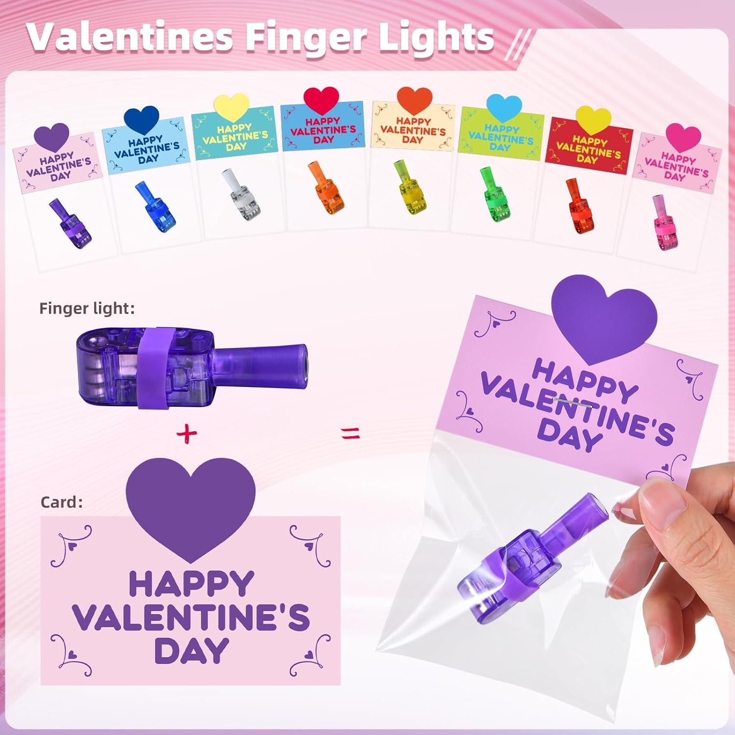 Valentines Day Gifts for Kids, 24 Packs Valentines Cards with LED Finger Lights Valentines Light up Toys for Kids School Classroom Exchange Valentine’S Day Party Favors Gifts