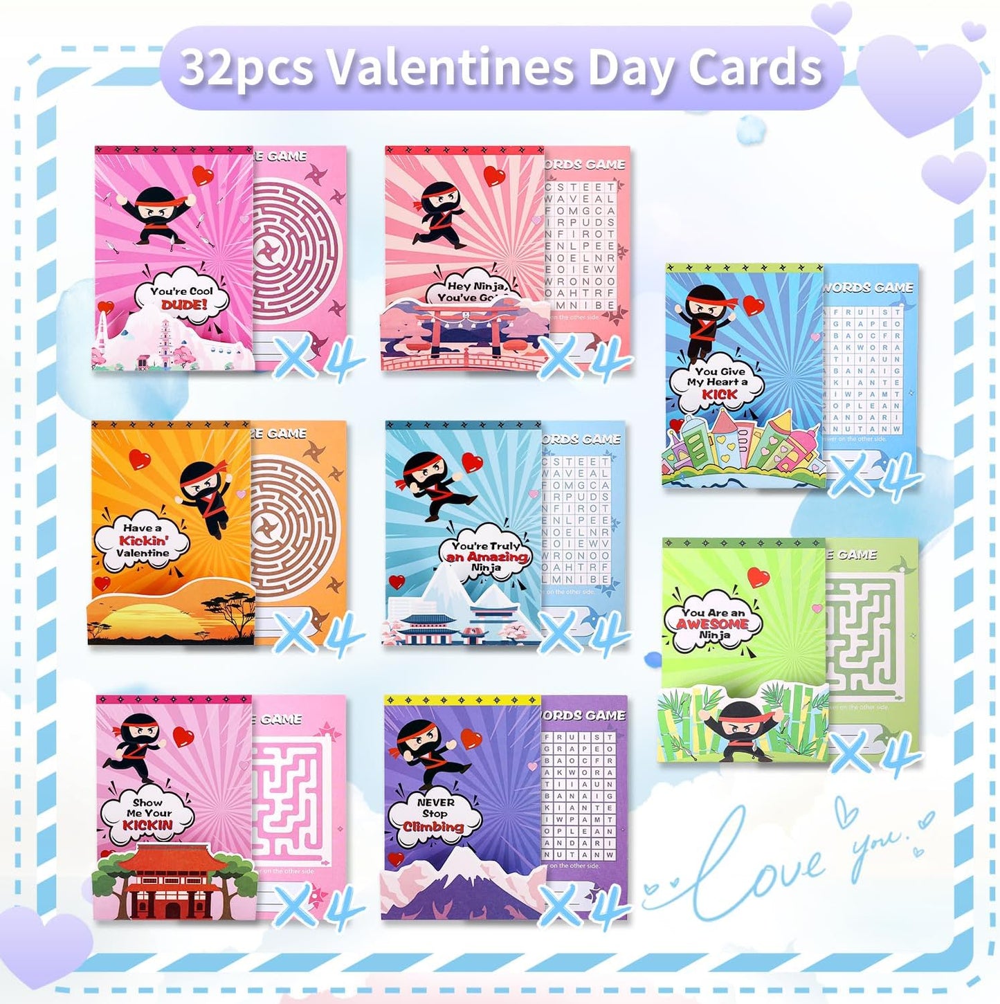 Valentines Day Cards for Kids, 32 Pack Valentines Day Gifts for Kids Classroom with Sticky Wall Climbing Ninjas, 3D Valentines Day Exchange Cards for Boys Girls School Party Supplies Greeting Cards