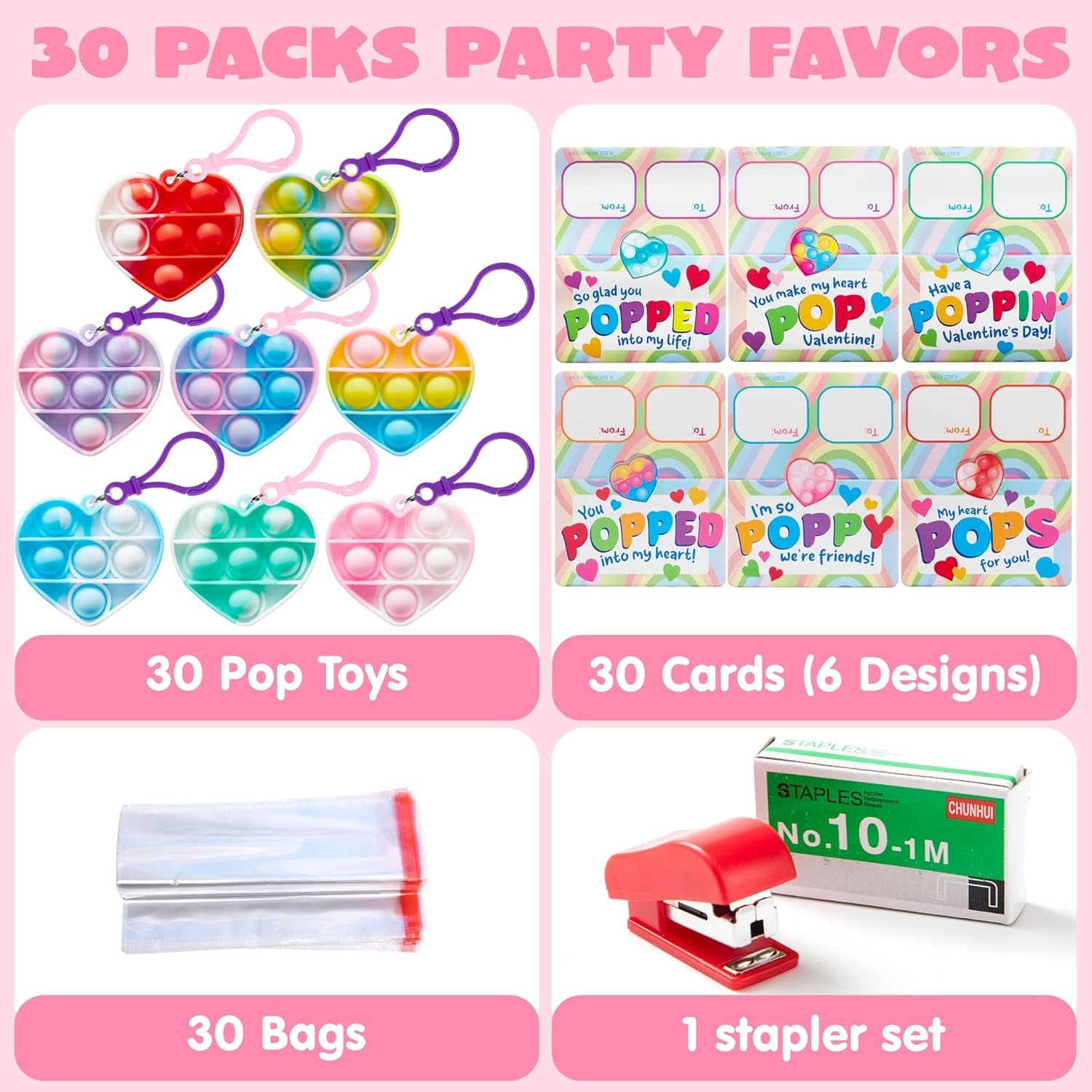 30 Packs Valentine’S Day Gift Cards with Heart Pop Bubble Keychain, Mini Pop Squeeze Toys, Stress Relief Fidget Toys for Kids Valentine'S Party Favors, Classroom Exchange and Game Prizes