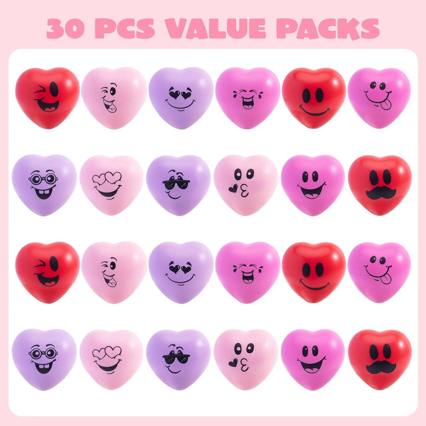 30 PCS Valentine'S Day Heart Stress Balls 1.5"X1.5" for Kids, Squishy Toys Slow Rising for School Carnival Reward, Valentine Party Present Fillers, Valentines Day Gifts, Relieve Stress Toys