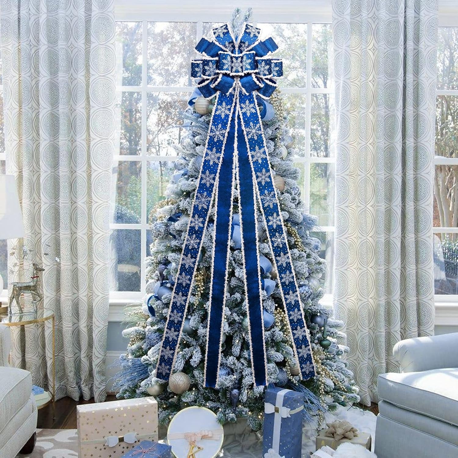 Christmas Tree Topper Bow,48''X 13'' Large Velvet Christmas Wreath Bows Xmas Ornaments with Long Wired Edge Ribbon for Farmhouse Thanksgiving,Birthday,Living Room Christmas Decoration(Blue)