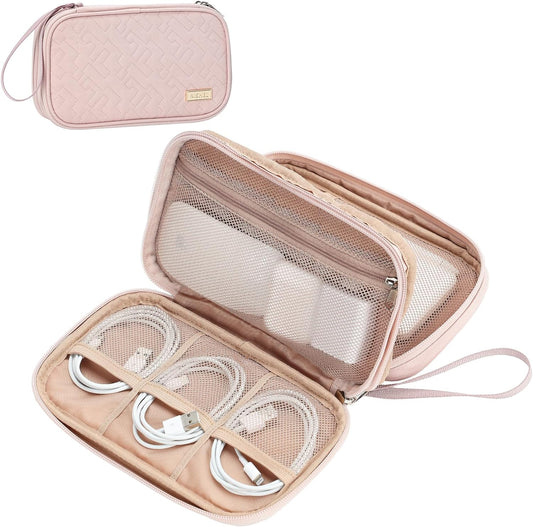 Travel Cord Organizer Case, Double Layers Tech Electronic Bag, Essentials for Charger, Cable, Phone, Flash Drive, Pink