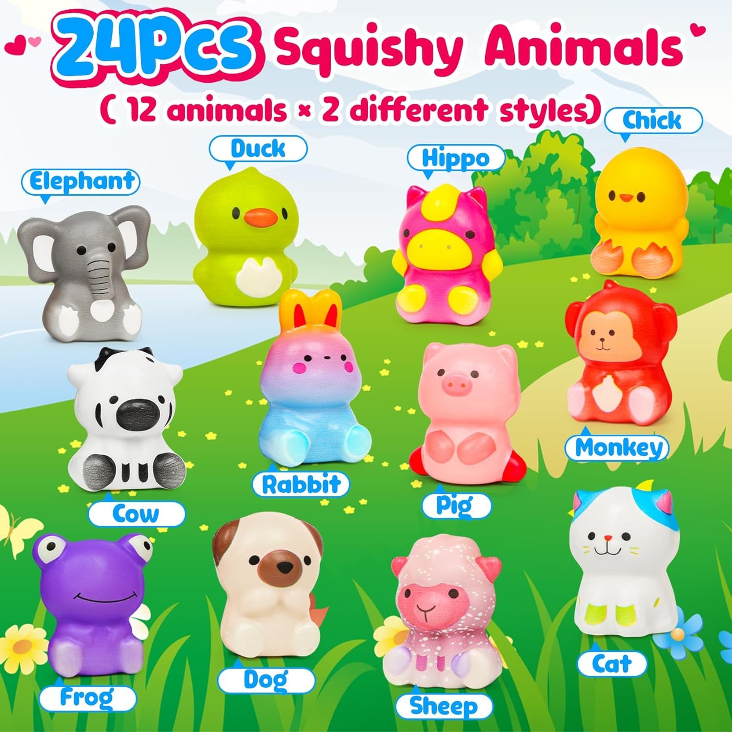 Valentines Day Gifts for Kids Classroom 24PCS Animal Squishy Toys with Valentines Day Cards for Kids School Class Exchange Slow Rising Squeeze Squishies Fidget Valentine Party Favor Toddler Boys Girls