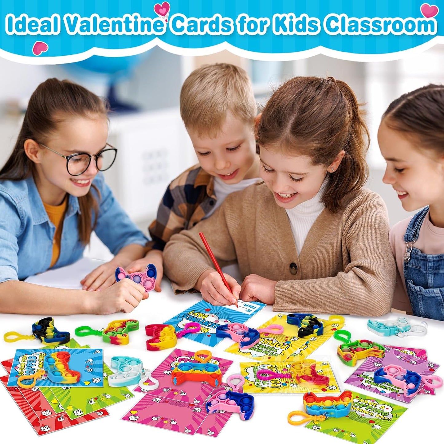 Valentines Cards for Kids Classroom, 24 Packs Game Shape Pop Fidget Keychains Bulk, Class Valentines Gifts for Kids, School Exchange Prizes & Party Favors for Boys Girls