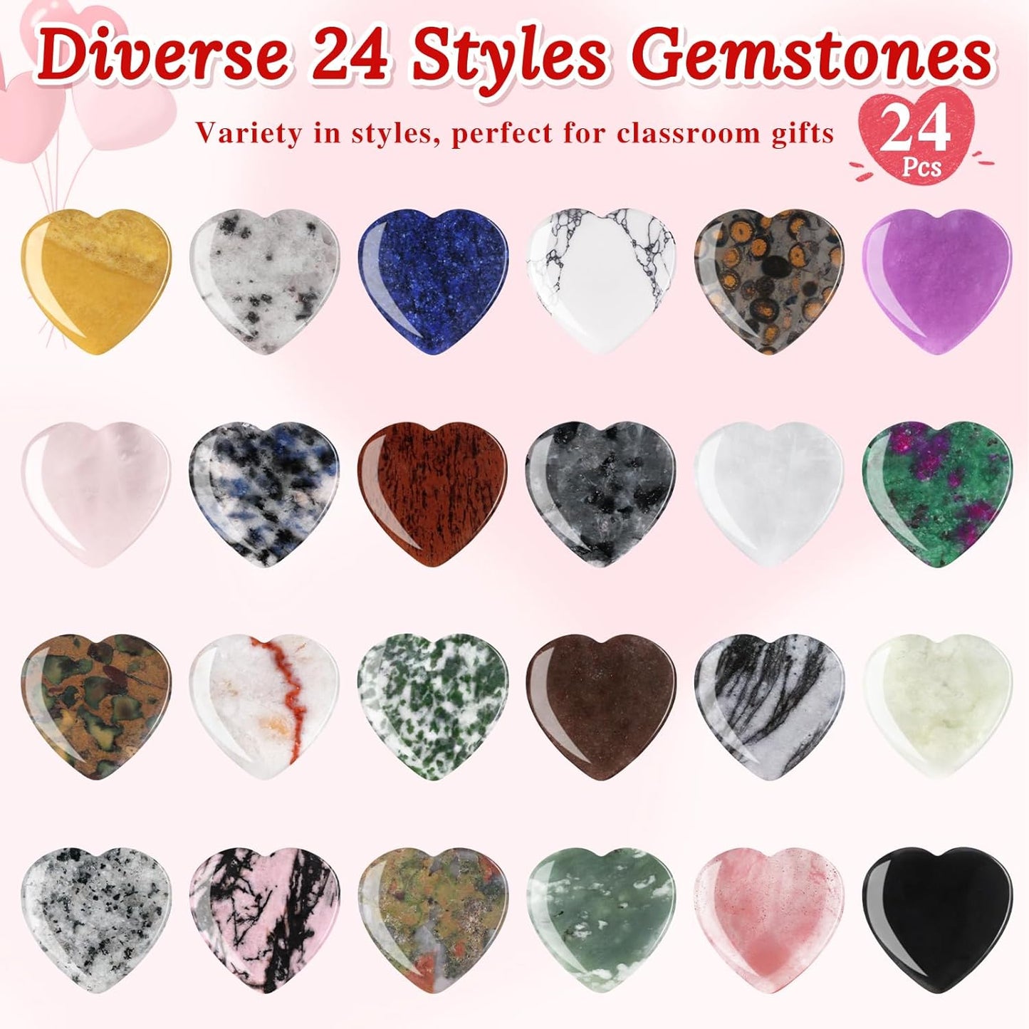 Valentines Day Gifts for Kids - 24 Pack Valentine'S Day Cards with Heart Shape Gem Stone for Classroom School Party Favors, Valentine Rock Bulk Exchange Gift for Boys Girls