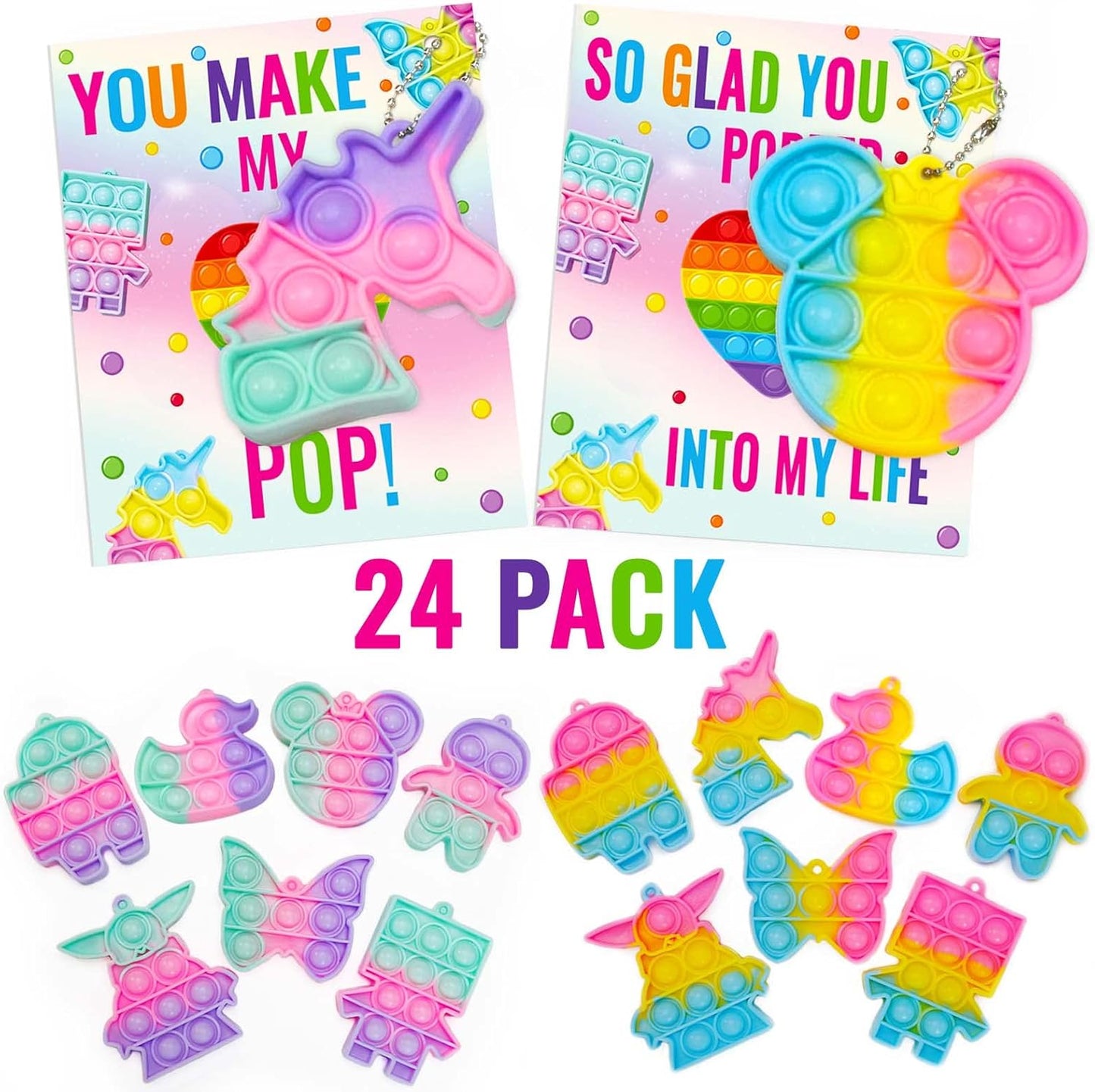 Valentines Day Gifts for Kids - 24 Valentines Cards with Pop Bubbles Bulk- Valentine Exchange for Girls Boys School Class Classroom Fidget Toys Party Favors