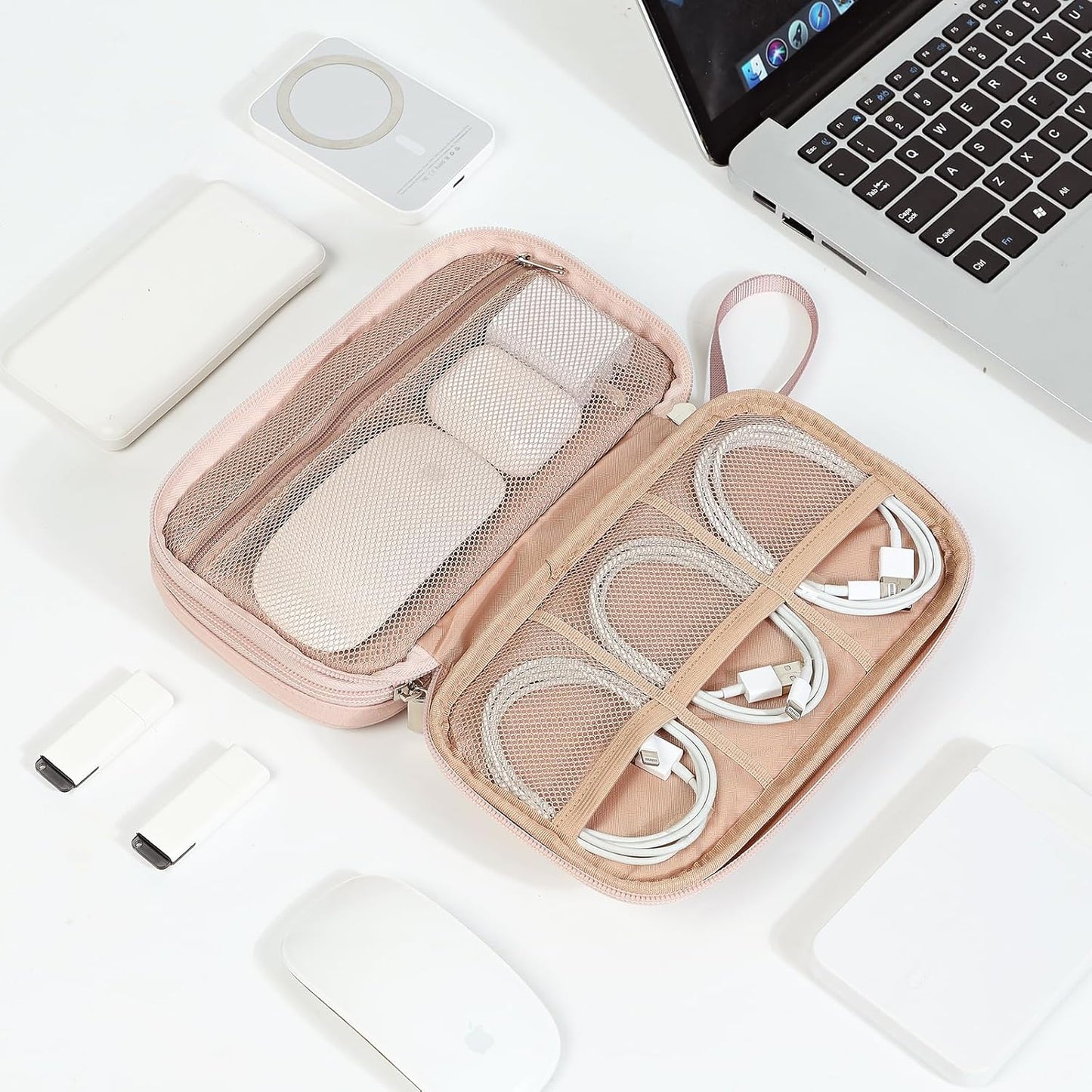 Travel Cord Organizer Case, Double Layers Tech Electronic Bag, Essentials for Charger, Cable, Phone, Flash Drive, Pink