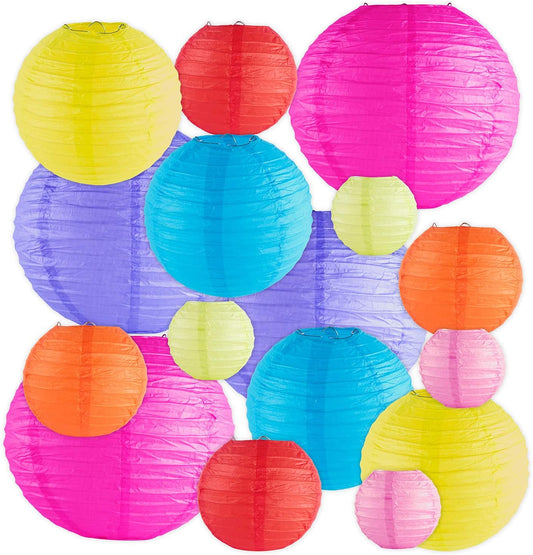 16 Pack Assorted Colorful Decorative Chinese/Japanese Floating Sky Paper Lanterns Metal Frame for Events, Party Decoration (Multiple Sizes)